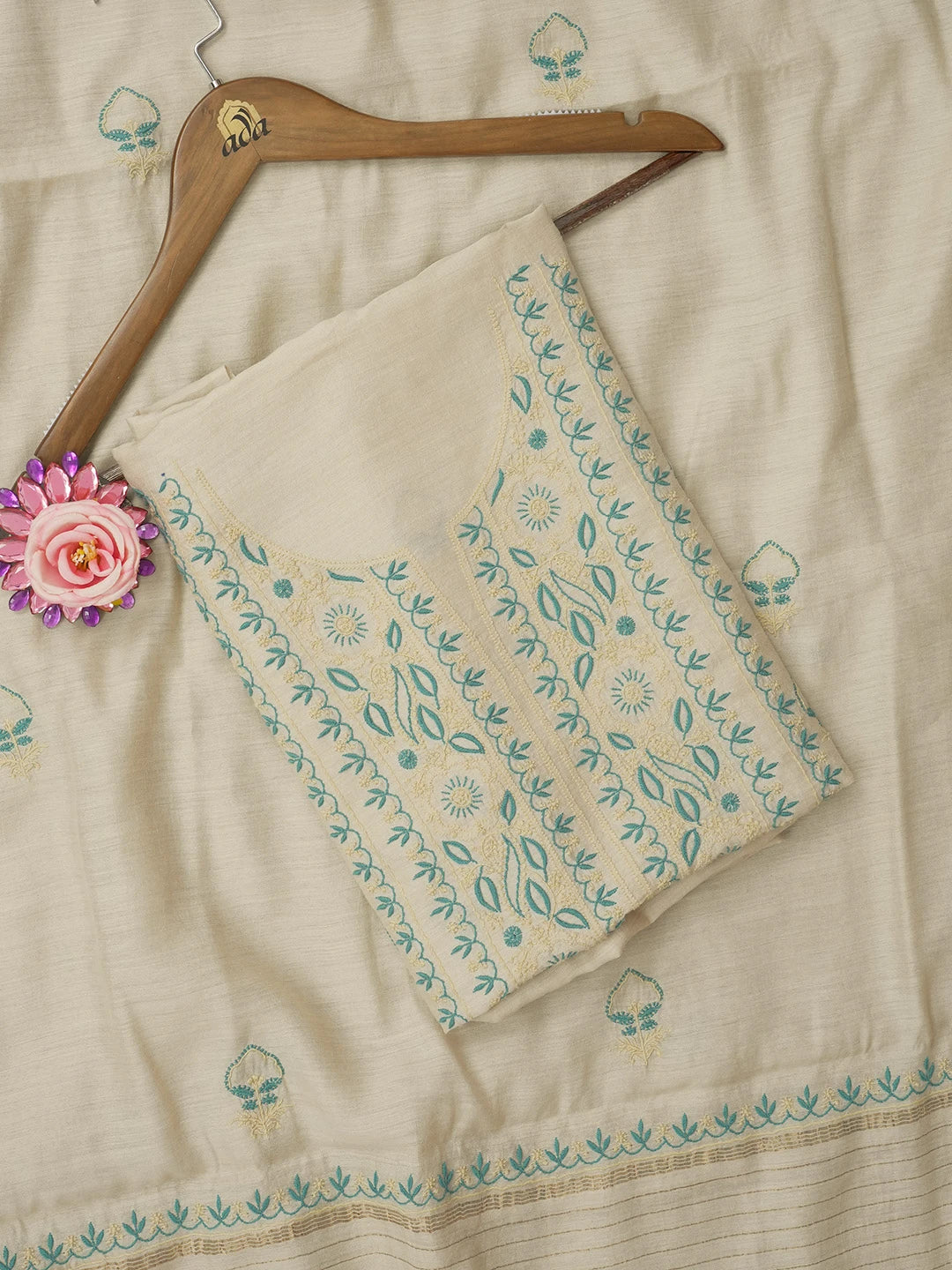Ada Hand Embroidered Fawn Moonga Silk Lucknowi Chikankari Unstitched Kurta Dupatta Set 01A559401