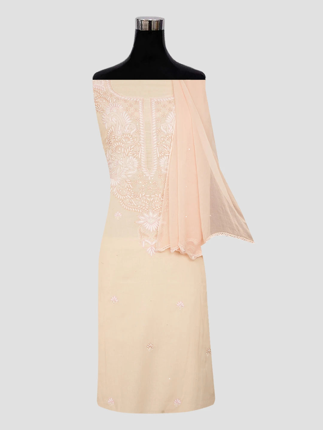 Ada Hand Embroidered Peach Cotton Lucknowi Chikankari Unstitched Suit Piece With Sequinned Work 01A319990