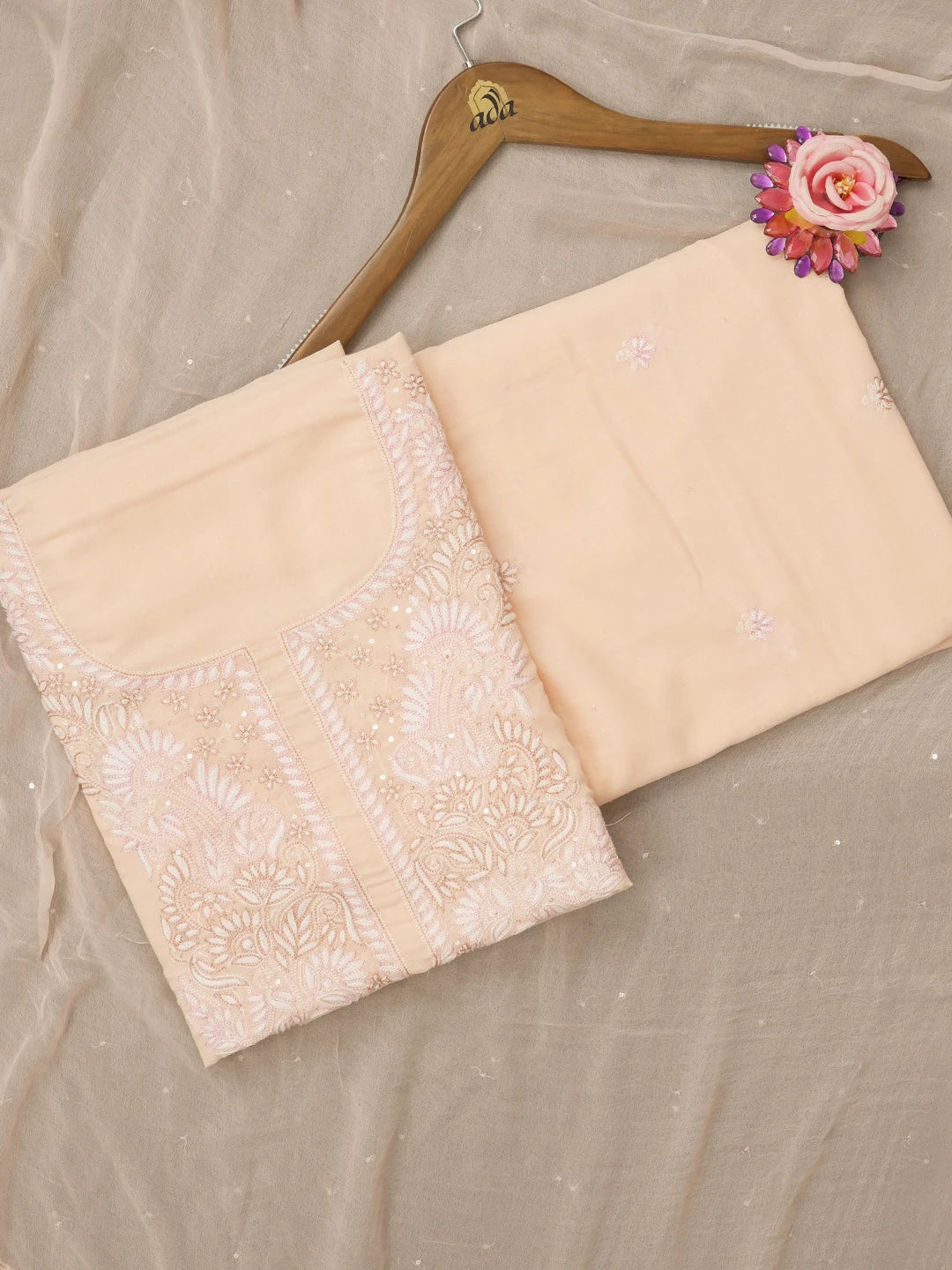Ada Hand Embroidered Peach Cotton Lucknowi Chikankari Unstitched Suit Piece With Sequinned Work 01A319990