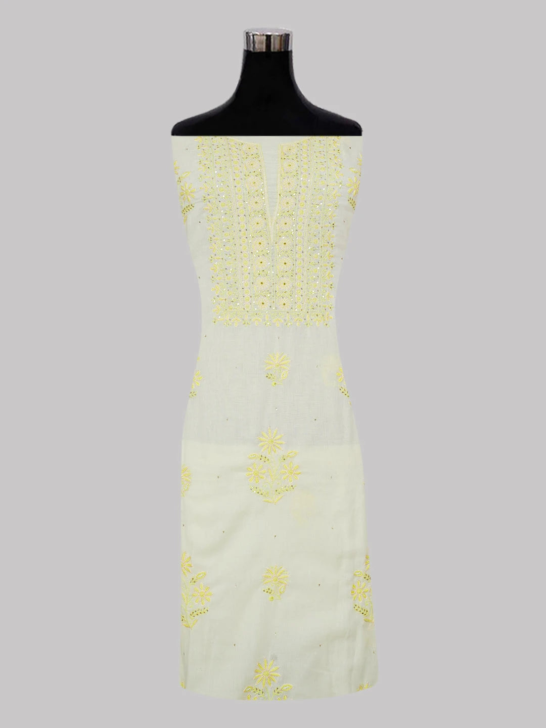 Ada Hand Embroidered Lemon Yellow Cotton Lucknowi Chikankari Unstitched Suit Piece With Muqaish and Pearl Work 01A369751