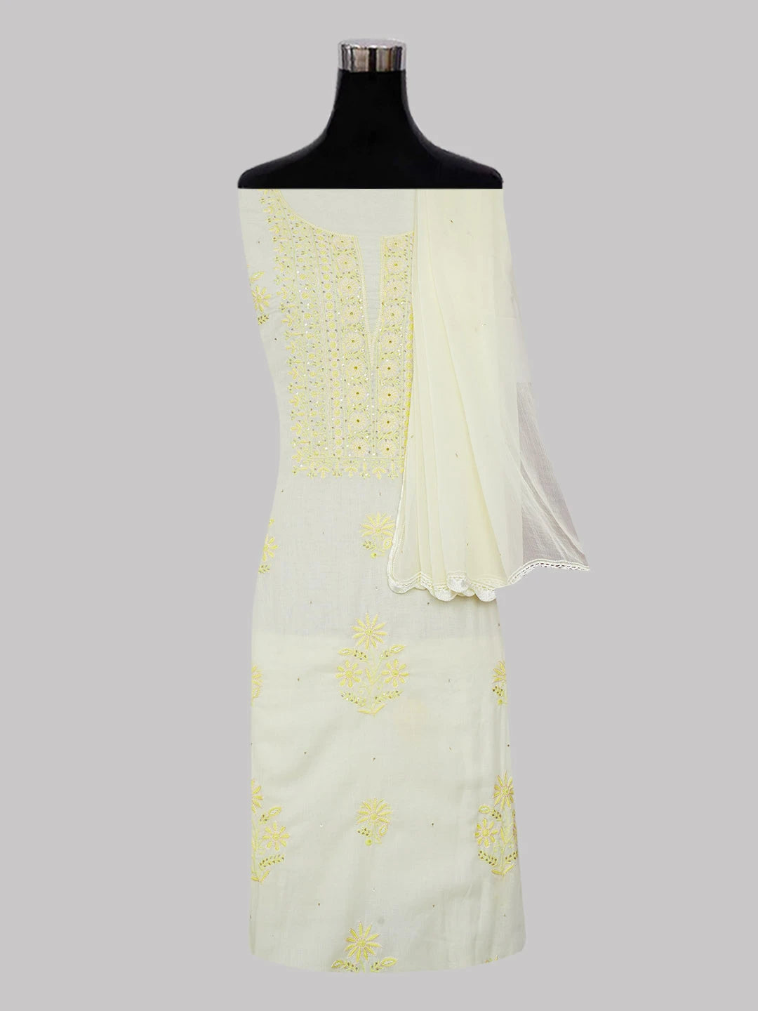 Ada Hand Embroidered Lemon Yellow Cotton Lucknowi Chikankari Unstitched Suit Piece With Muqaish and Pearl Work 01A369751