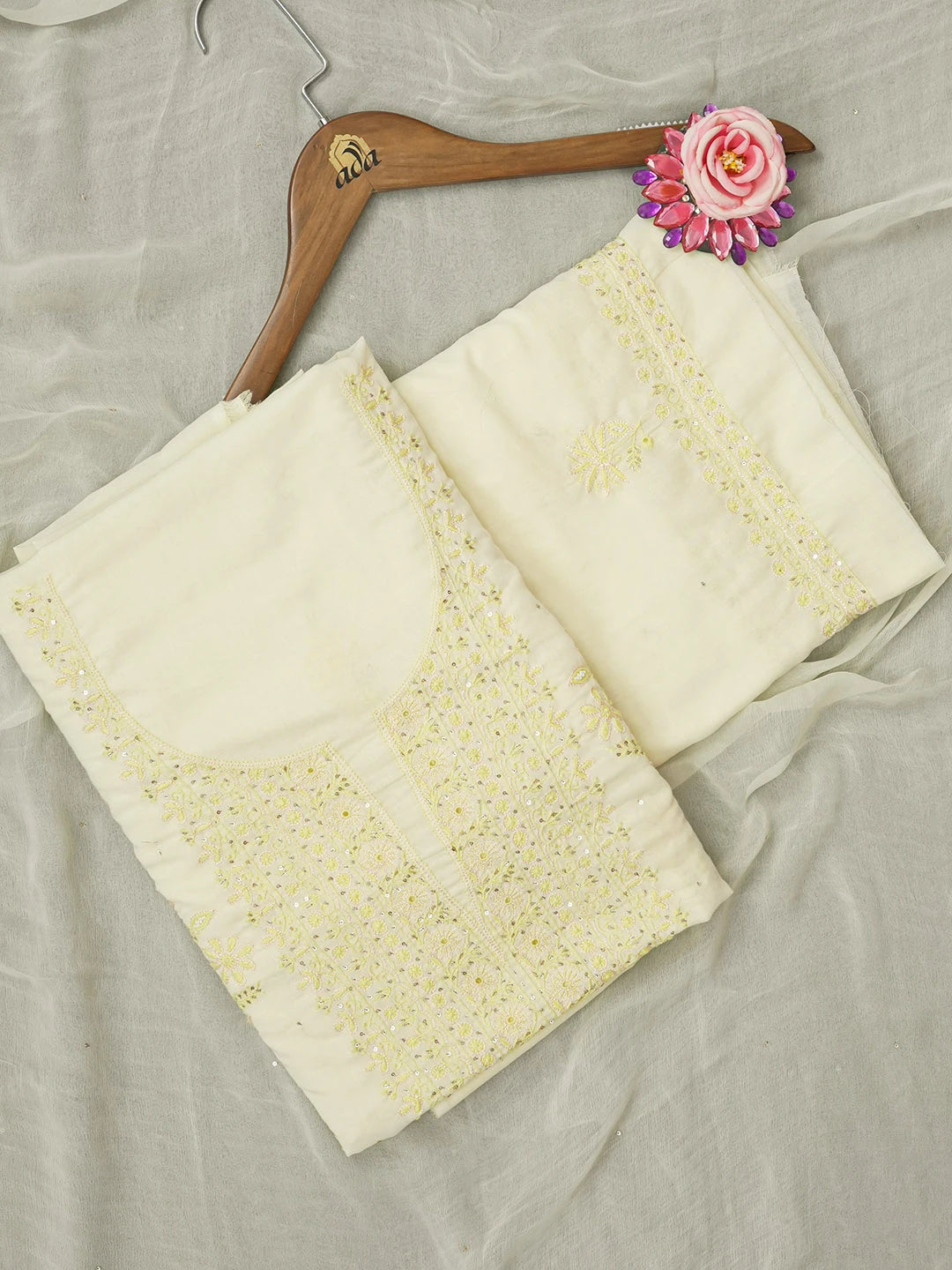 Ada Hand Embroidered Lemon Yellow Cotton Lucknowi Chikankari Unstitched Suit Piece With Muqaish and Pearl Work 01A369751