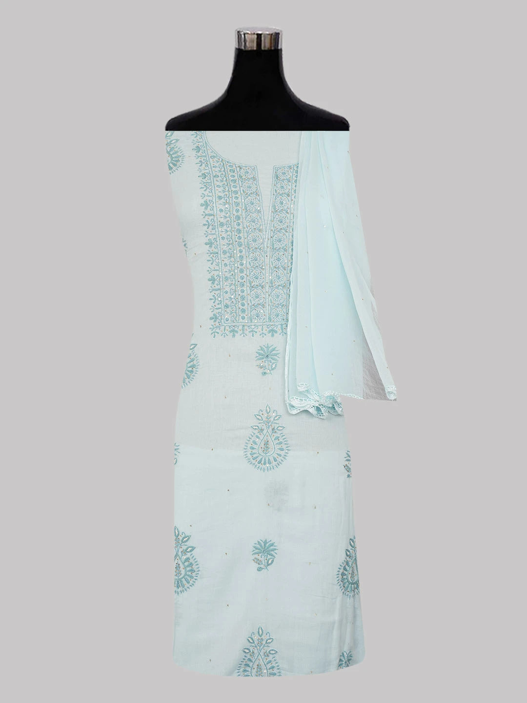 Ada Hand Embroidered Carolina Blue Cotton Lucknowi Chikankari Unstitched Suit Piece With Sequinned Work 01A362243