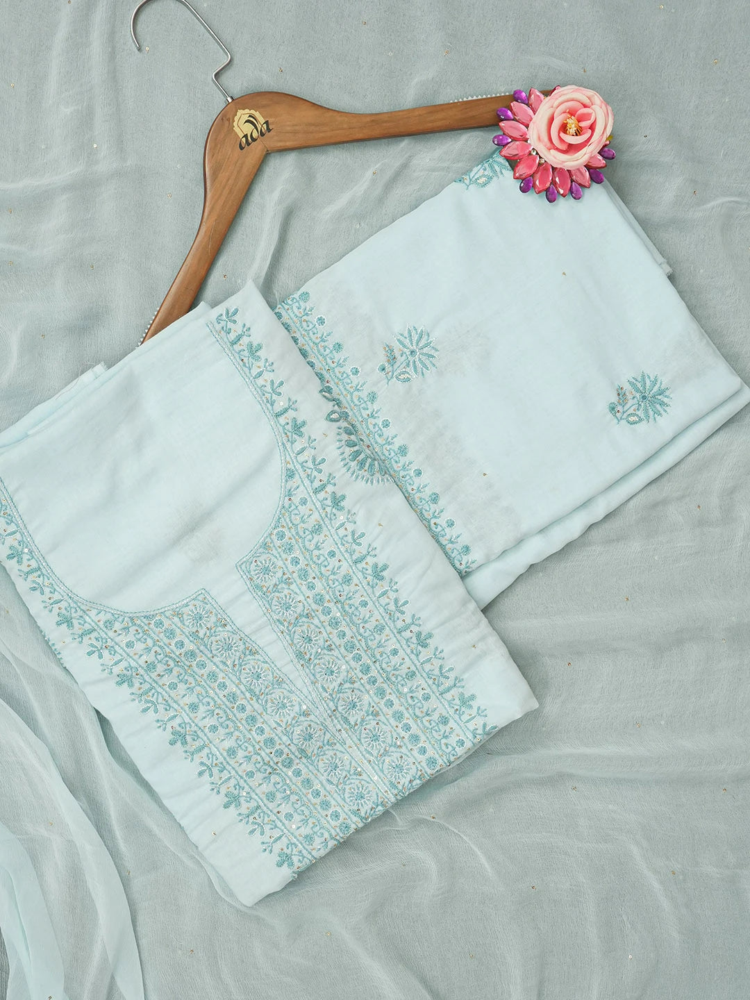 Ada Hand Embroidered Carolina Blue Cotton Lucknowi Chikankari Unstitched Suit Piece With Sequinned Work 01A362243