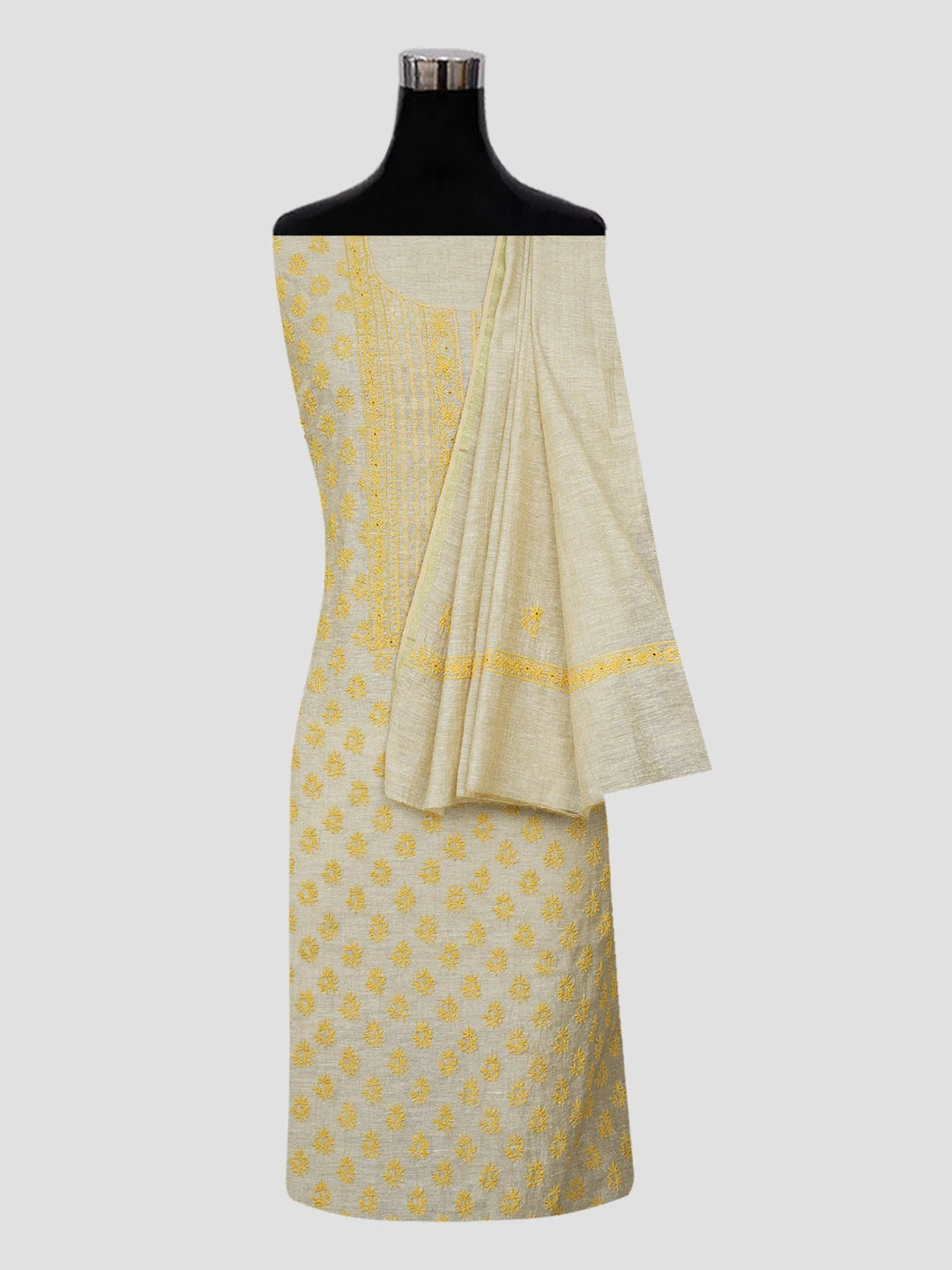 Ada Hand Embroidered Fawn Chanderi Lucknowi Chikankari Unstitched Kurta Dupatta Set 01A440343
