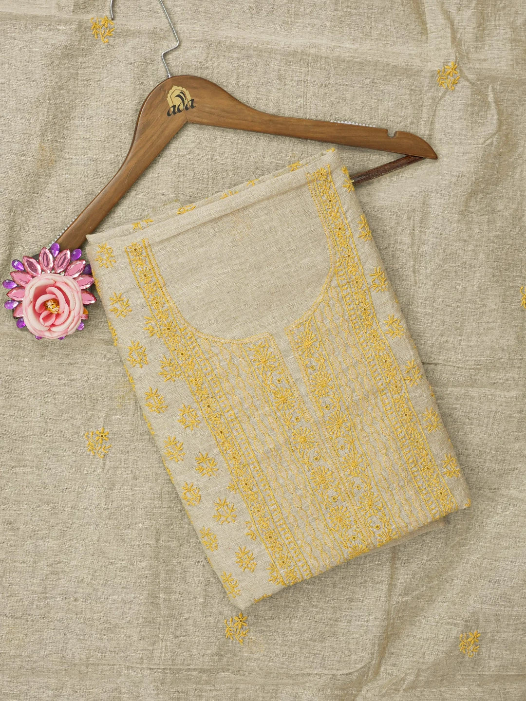 Ada Hand Embroidered Fawn Chanderi Lucknowi Chikankari Unstitched Kurta Dupatta Set 01A440343