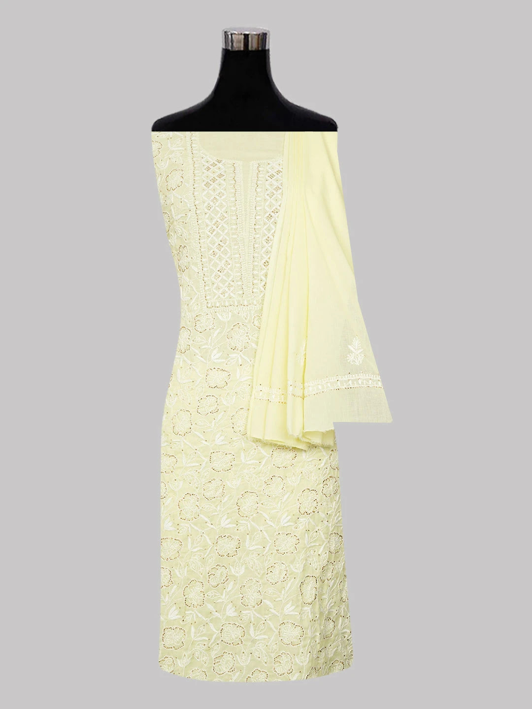 Ada Hand Embroidered Lemon Cotton Lucknowi Chikankari Unstitched Kurta Dupatta Set with Muqaish Work 01A420709
