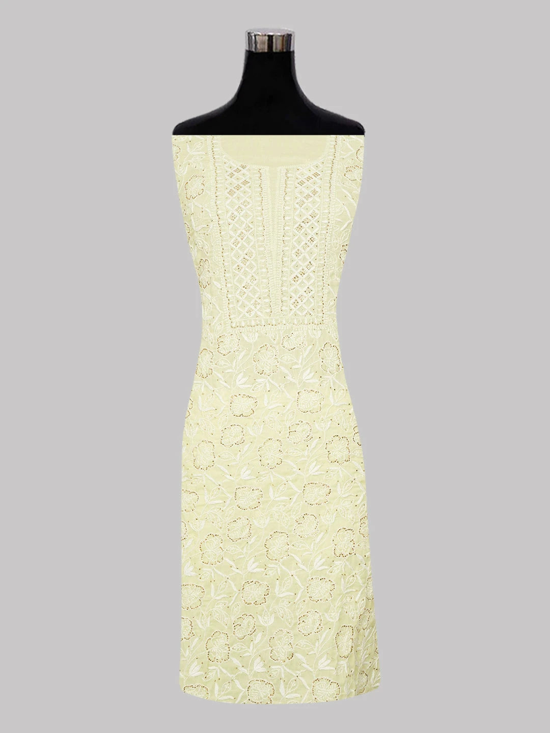 Ada Hand Embroidered Lemon Cotton Lucknowi Chikankari Unstitched Kurta Dupatta Set with Muqaish Work 01A420709