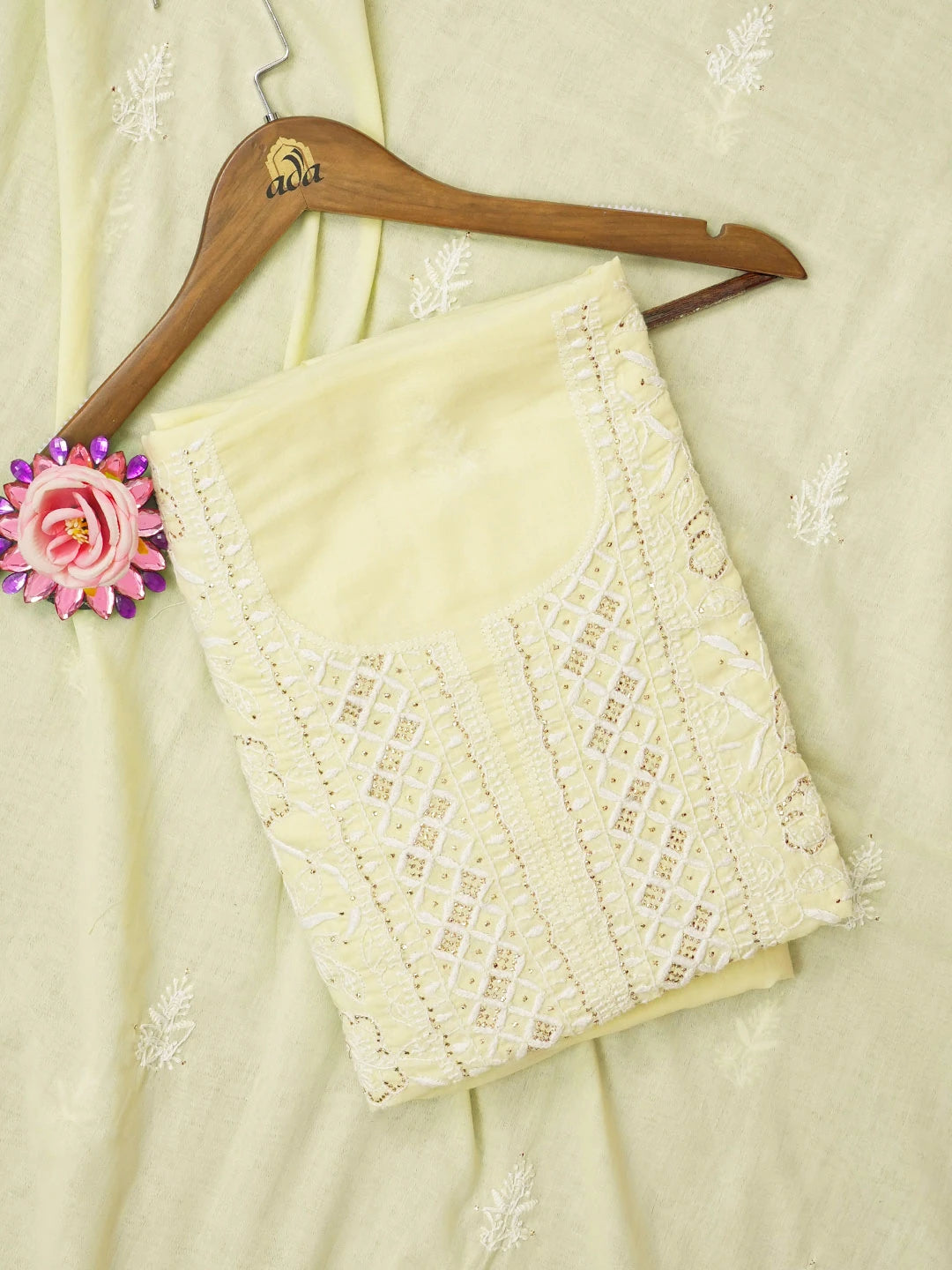 Ada Hand Embroidered Lemon Cotton Lucknowi Chikankari Unstitched Kurta Dupatta Set with Muqaish Work 01A420709