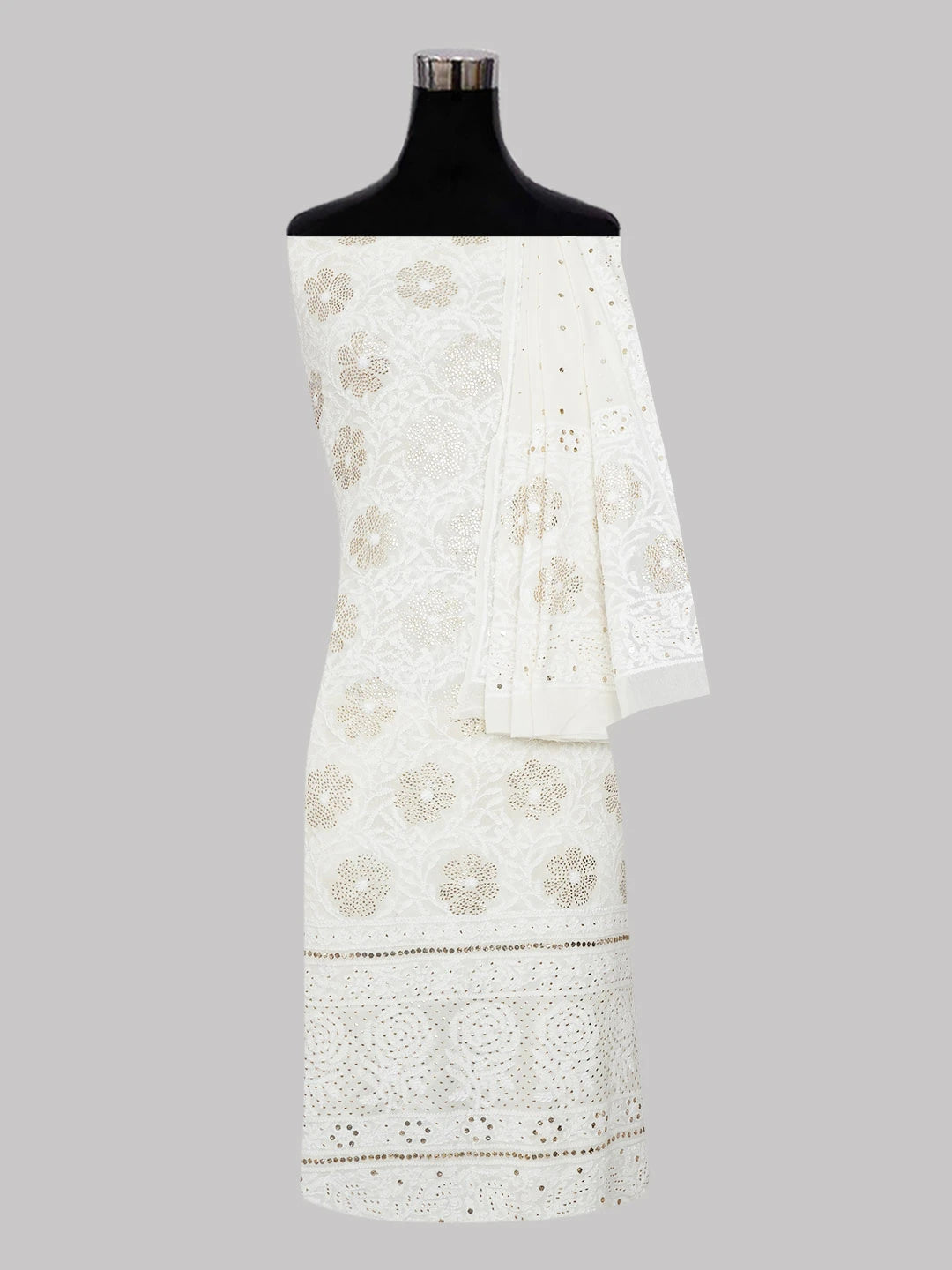 Ada Hand Embroidered Off White Pure Georgette Lucknowi Chikankari Unstitched Suit Piece With Muqaish Work 01A395701