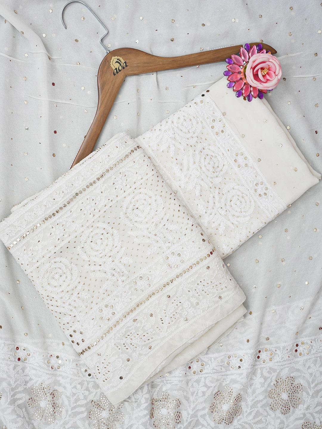 Ada Hand Embroidered Off White Pure Georgette Lucknowi Chikankari Unstitched Suit Piece With Muqaish Work 01A395701