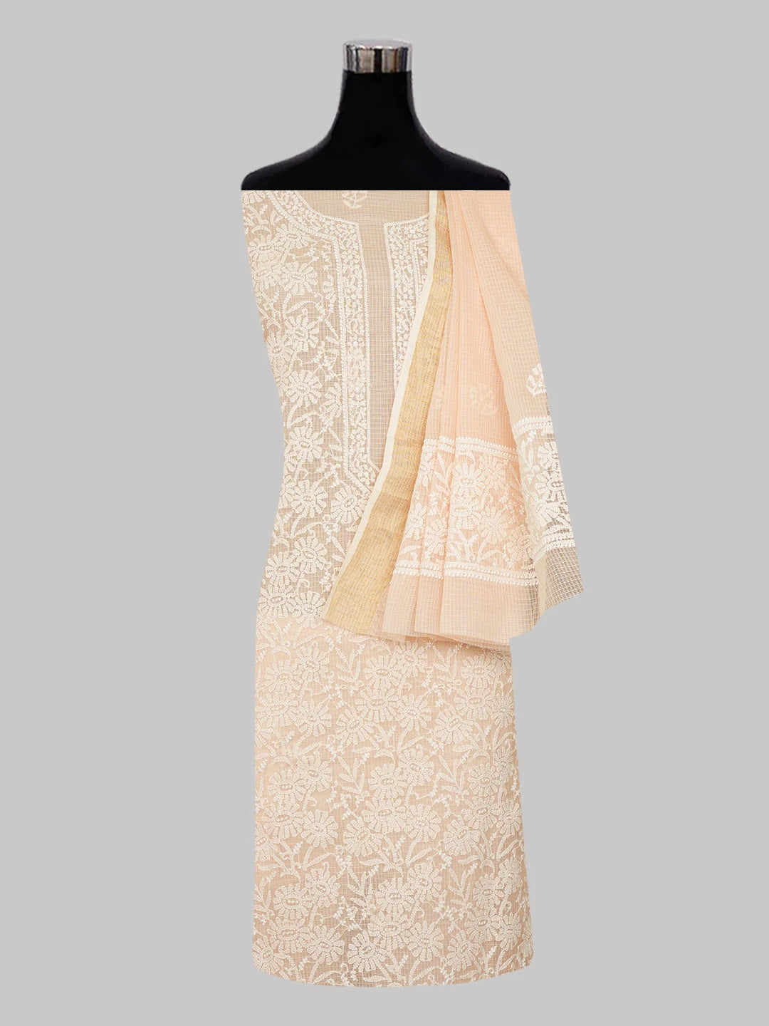 Ada Hand Embroidered Peach Kota Lucknowi Chikankari Unstitched Kurta Dupatta Set 01A565379