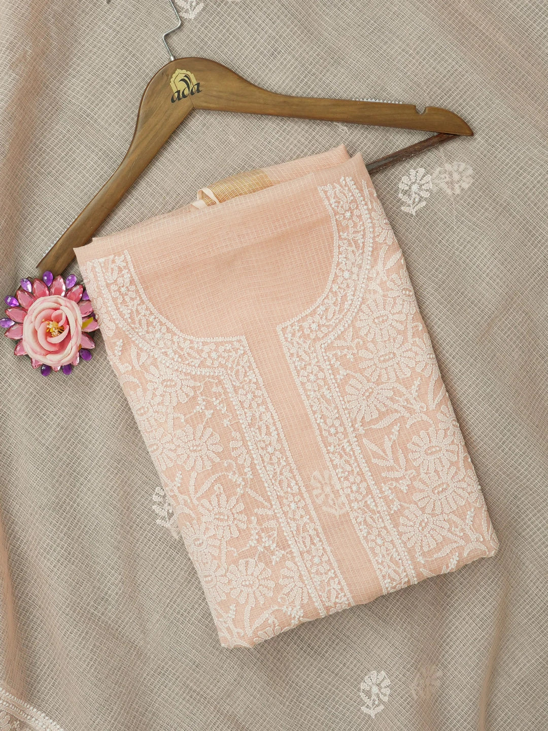 Ada Hand Embroidered Peach Kota Lucknowi Chikankari Unstitched Kurta Dupatta Set 01A565379