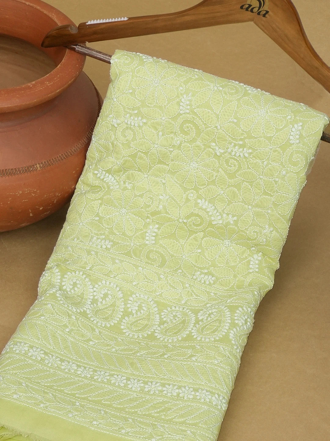 Ada Hand Embroidered Lime Green Cotton Lucknowi Chikankari Unstitched Kurta Piece 01A607227