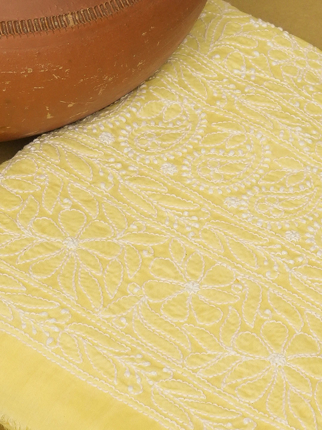Ada Hand Embroidered Yellow Cotton Lucknowi Chikankari Unstitched Kurta Piece 01A607219