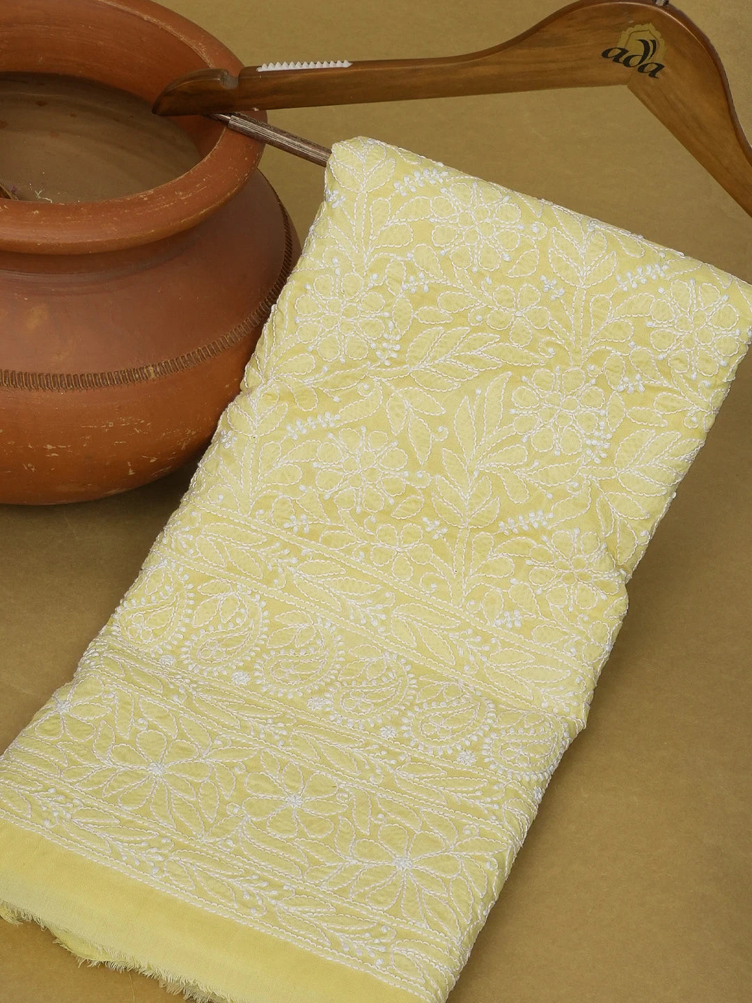 Ada Hand Embroidered Yellow Cotton Lucknowi Chikankari Unstitched Kurta Piece 01A607219