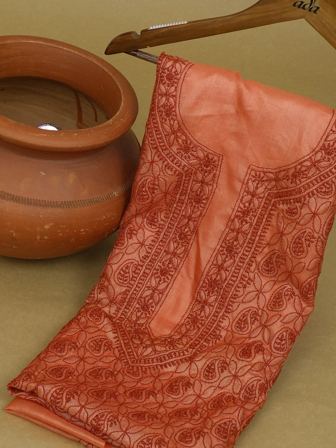 Ada Hand Embroidered Rust Silk Lucknowi Chikankari Unstitched Kurta Piece 01A568465