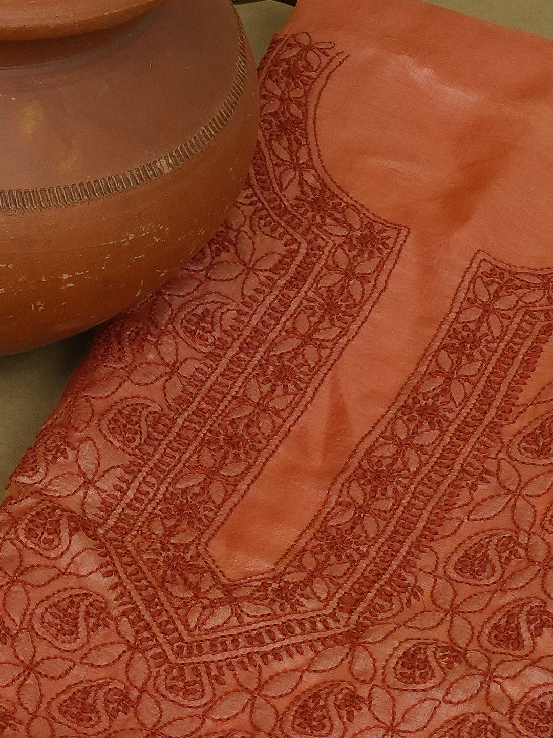 Ada Hand Embroidered Rust Silk Lucknowi Chikankari Unstitched Kurta Piece 01A568465