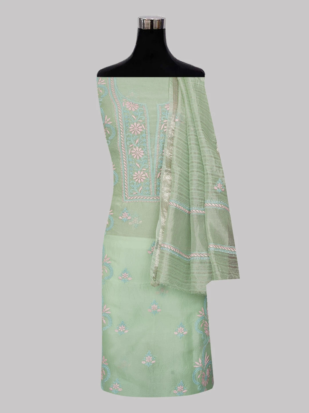 Ada Hand Embroidered Emerald Green Organza Lucknowi Chikankari Unstitched Kurta Dupatta Set 01A593512