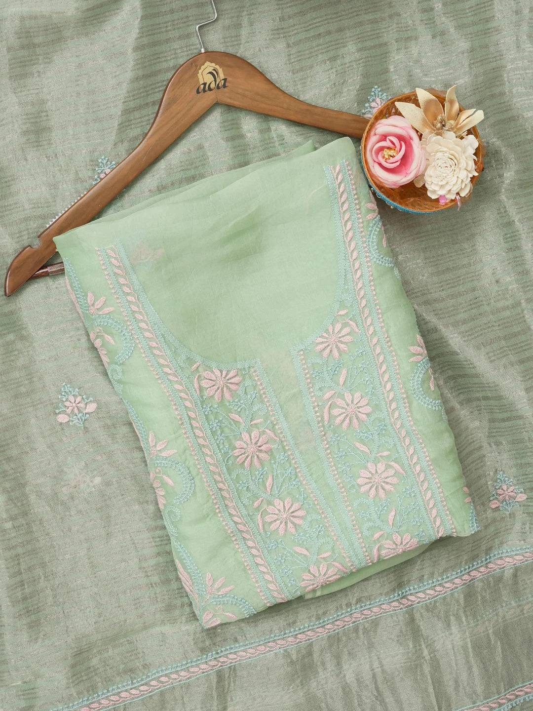 Ada Hand Embroidered Emerald Green Organza Lucknowi Chikankari Unstitched Kurta Dupatta Set 01A593512
