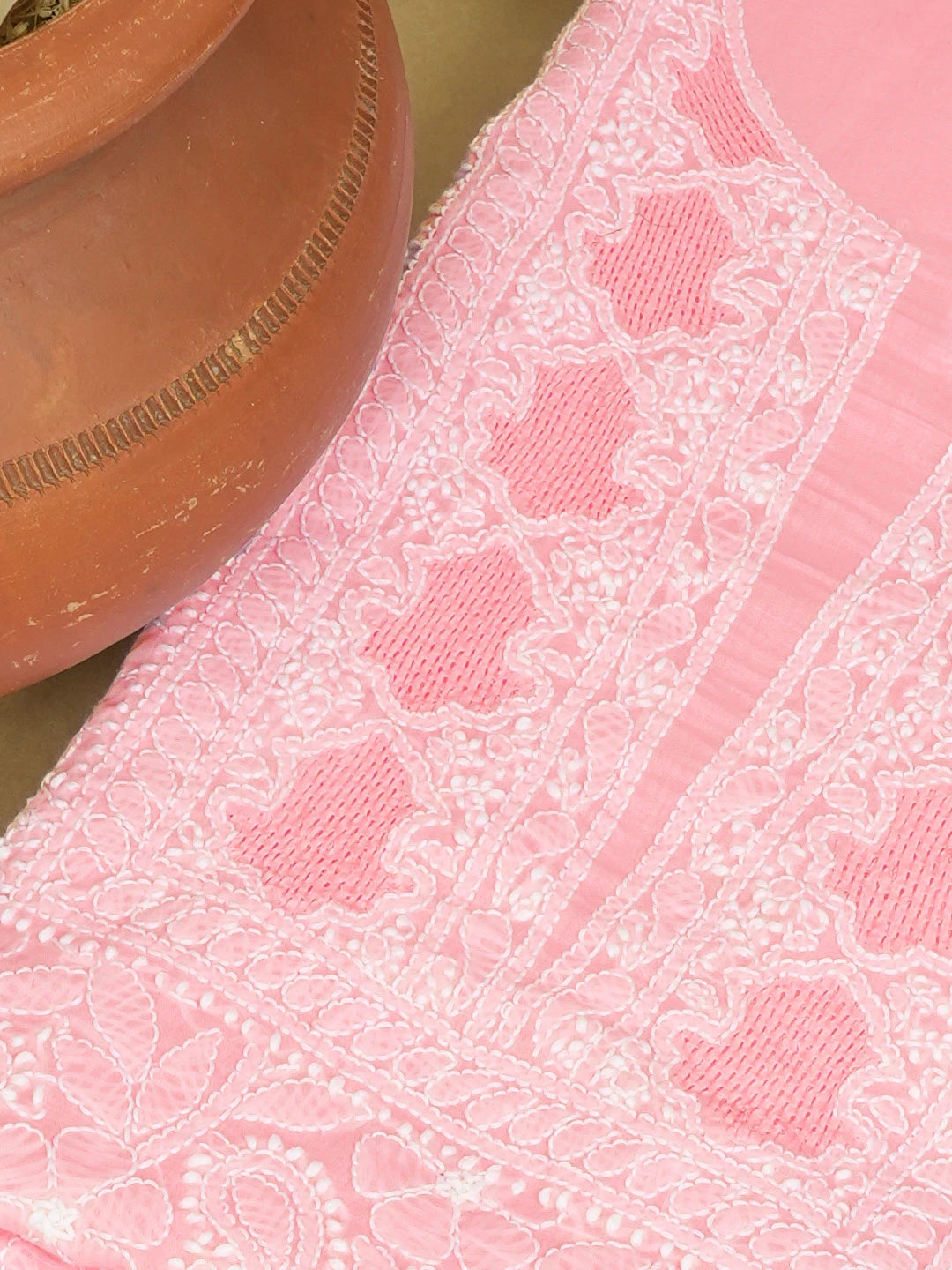 Ada Hand Embroidered Pink Cotton Lucknowi Chikankari Unstitched Kurta Piece 01A607214