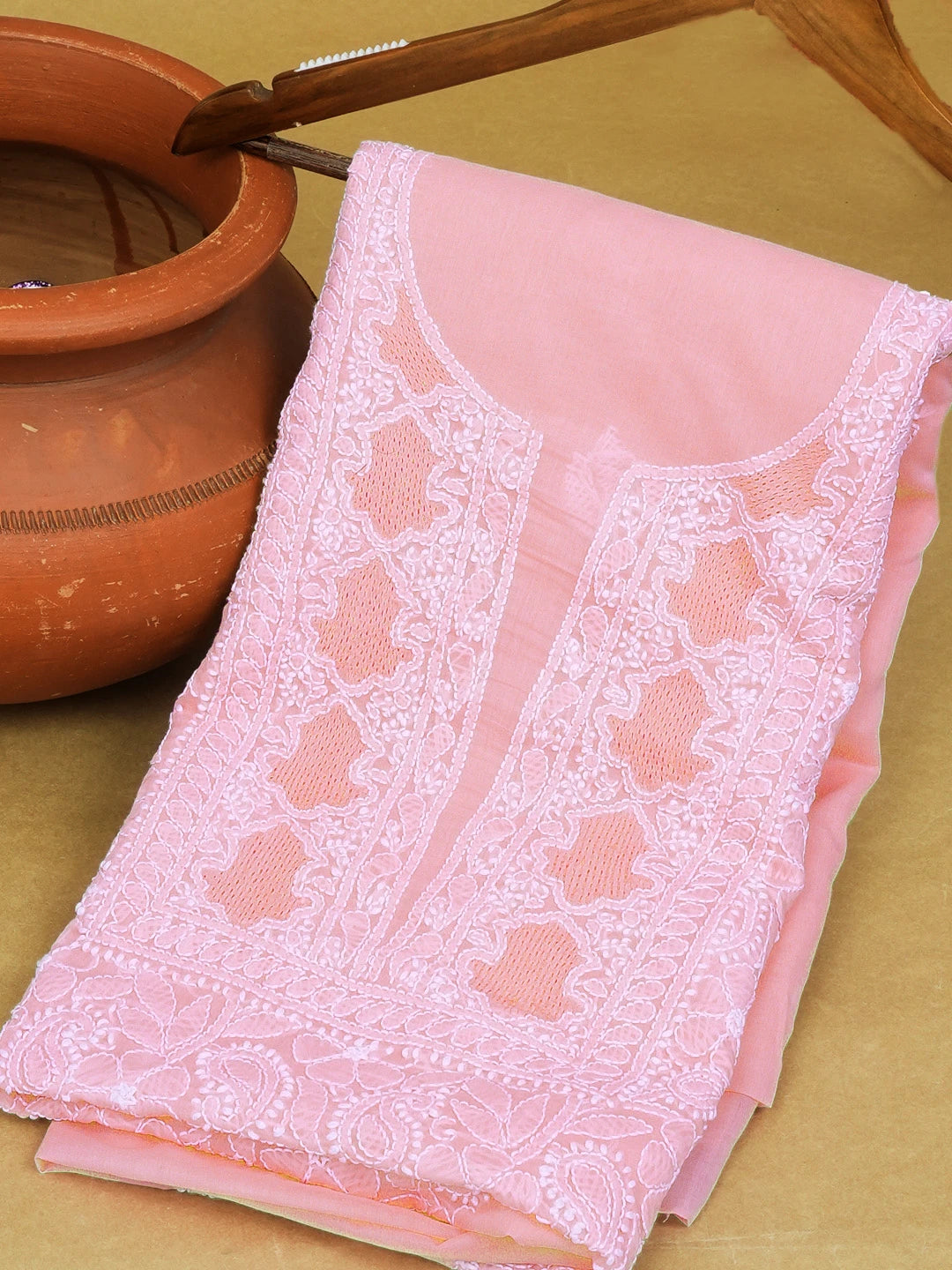 Ada Hand Embroidered Pink Cotton Lucknowi Chikankari Unstitched Kurta Piece 01A607214
