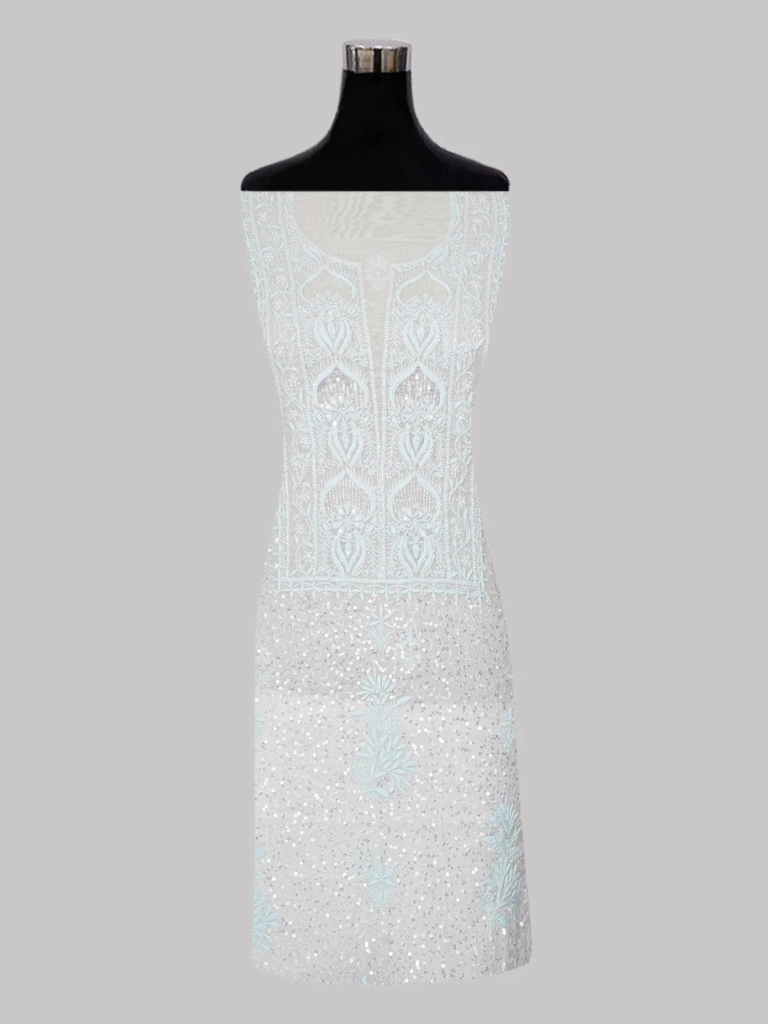 Ada Hand Embroidered Sea Green Chanderi Lucknowi Chikankari Unstitched Kurta Dupatta Set With Sequinned Work 01A599522