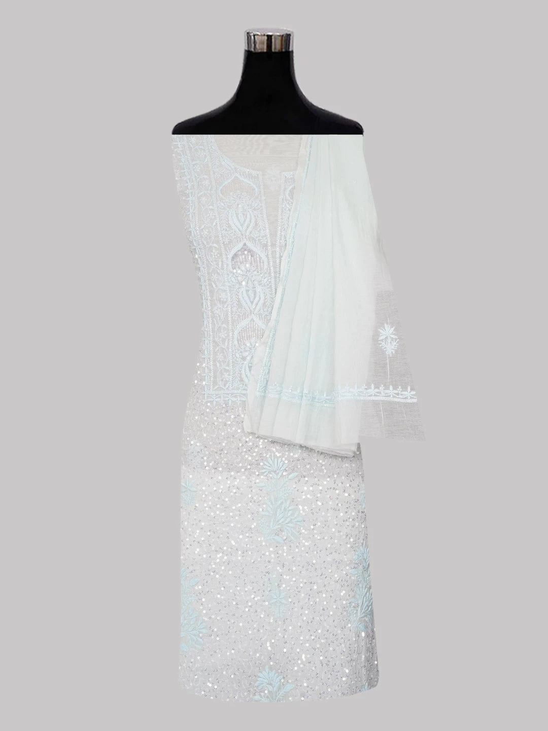Ada Hand Embroidered Sea Green Chanderi Lucknowi Chikankari Unstitched Kurta Dupatta Set With Sequinned Work 01A599522