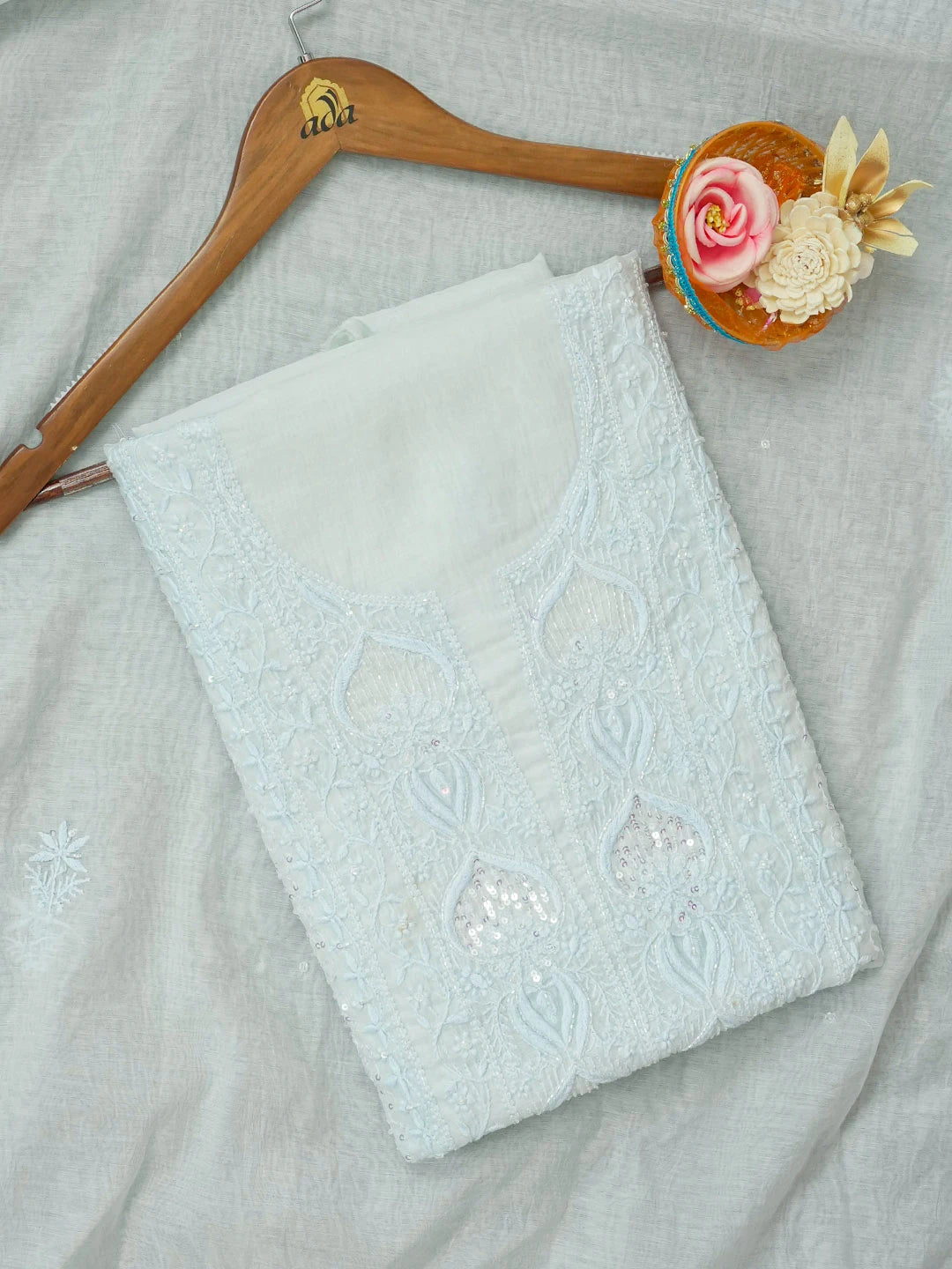 Ada Hand Embroidered Sea Green Chanderi Lucknowi Chikankari Unstitched Kurta Dupatta Set With Sequinned Work 01A599522