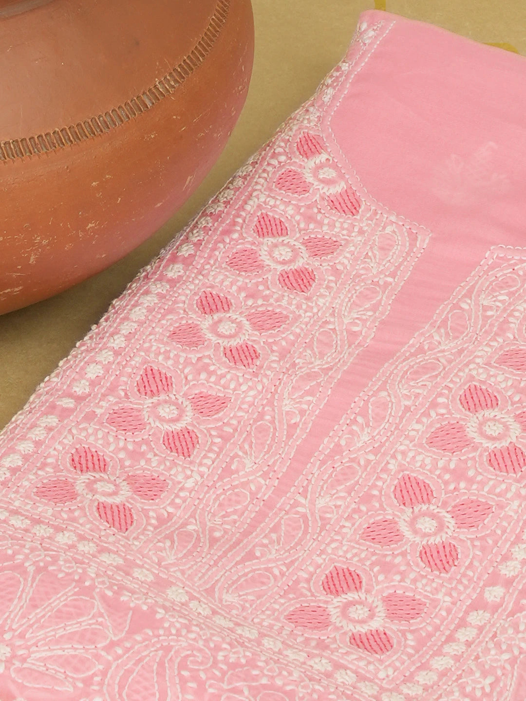 Ada Hand Embroidered Pink Cotton Lucknowi Chikankari Unstitched Kurta Piece 01A607283