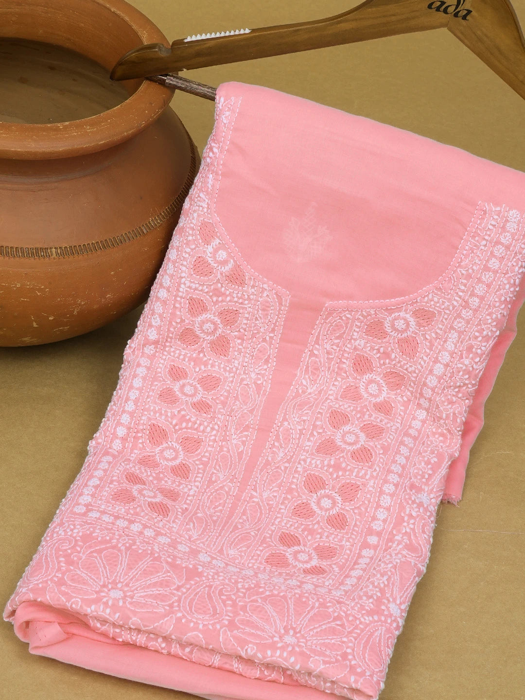 Ada Hand Embroidered Pink Cotton Lucknowi Chikankari Unstitched Kurta Piece 01A607283