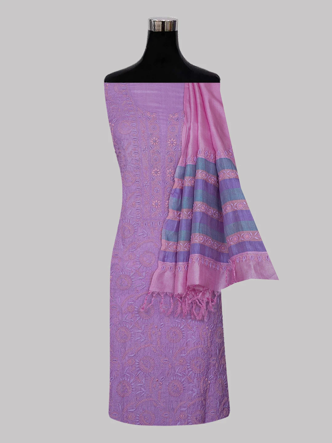 Ada Hand Embroidered Amethyst Lavender Silk Lucknowi Chikankari Unstitched Suit Piece 01A583768