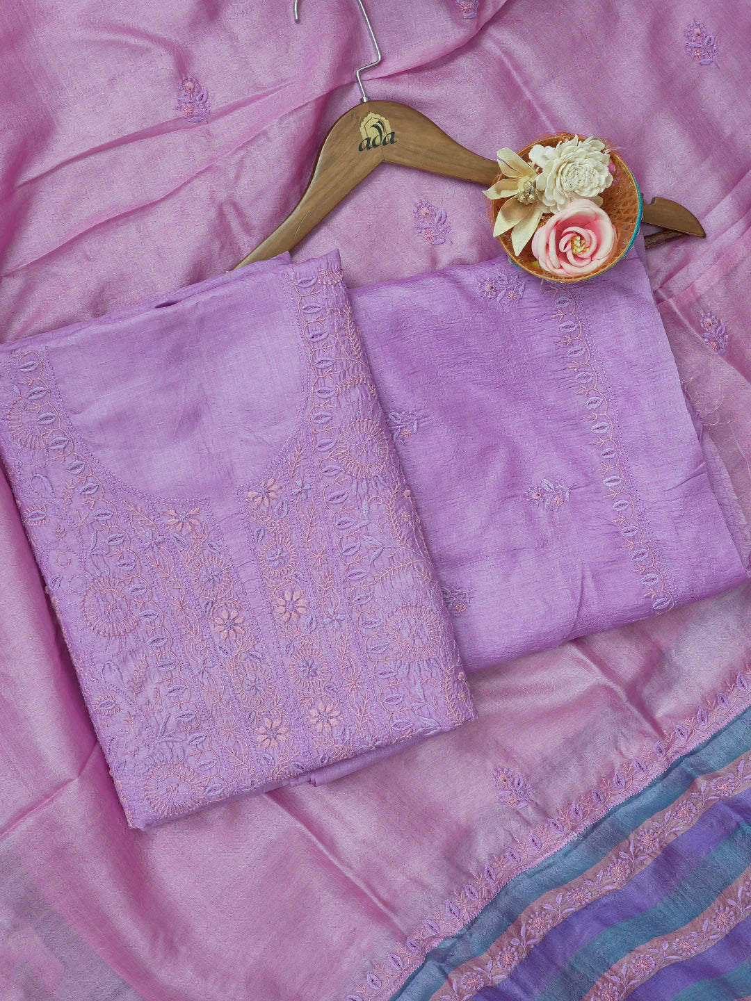 Ada Hand Embroidered Amethyst Lavender Silk Lucknowi Chikankari Unstitched Suit Piece 01A583768