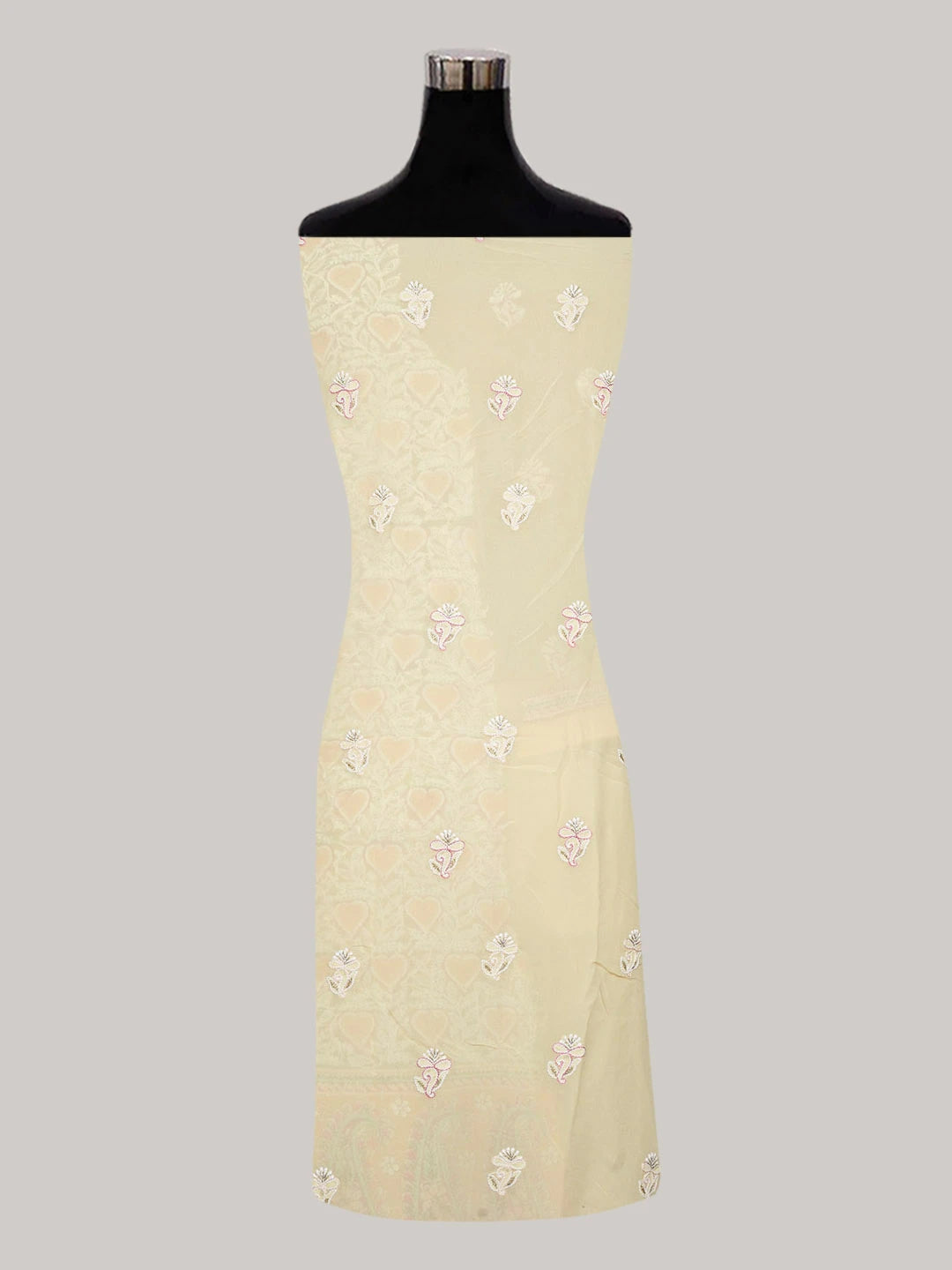 Ada Hand Embroidered Buff Yellow Pure Georgette Lucknowi Chikankari Unstitched Kurta Dupatta Set With Zari Work A608018