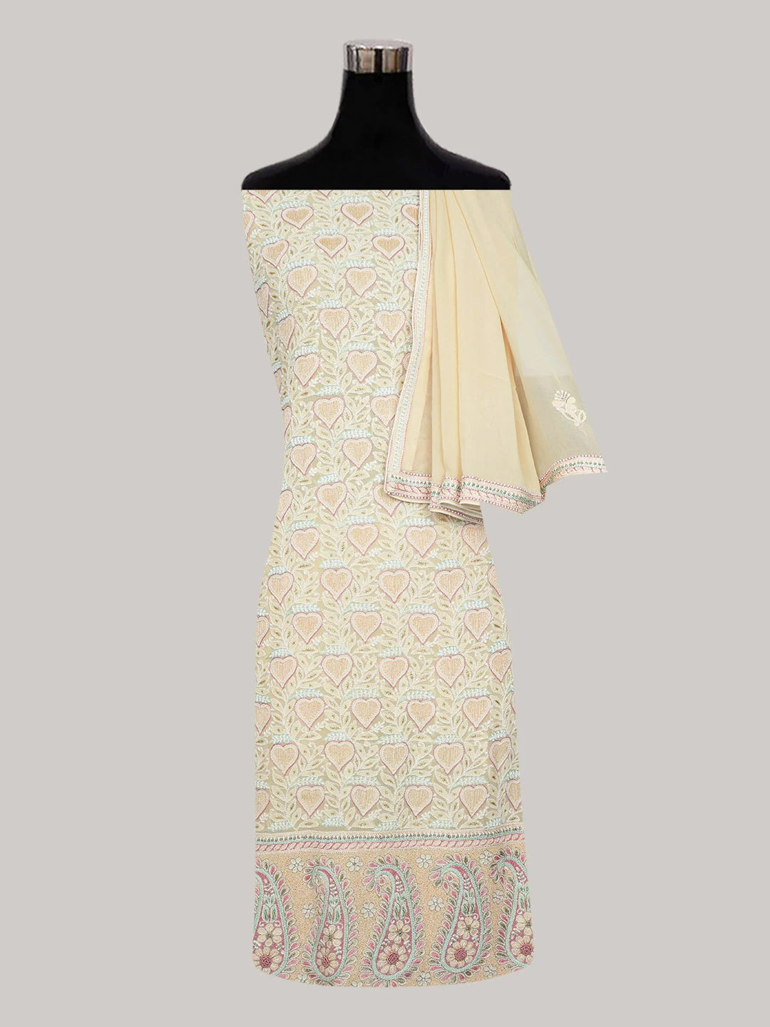 Ada Hand Embroidered Buff Yellow Pure Georgette Lucknowi Chikankari Unstitched Kurta Dupatta Set With Zari Work A608018