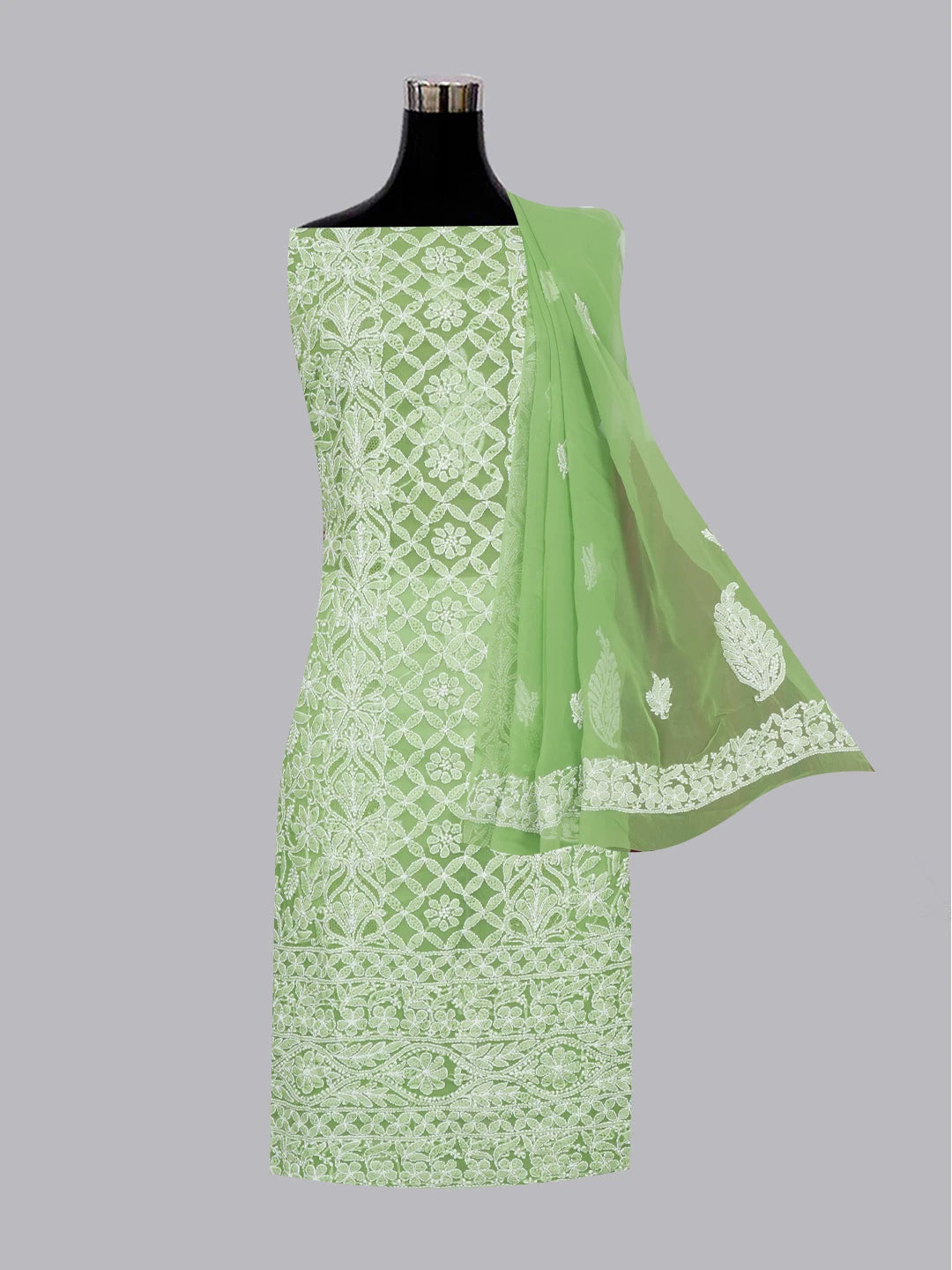 Ada Hand Embroidered Green Georgette Lucknowi Chikankari Unstitched Suit Piece 01A608540