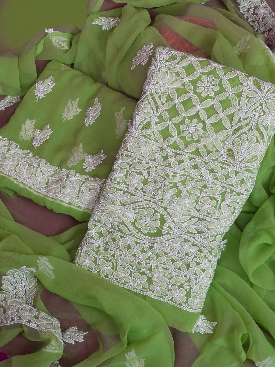 Ada Hand Embroidered Green Georgette Lucknowi Chikankari Unstitched Suit Piece 01A608540