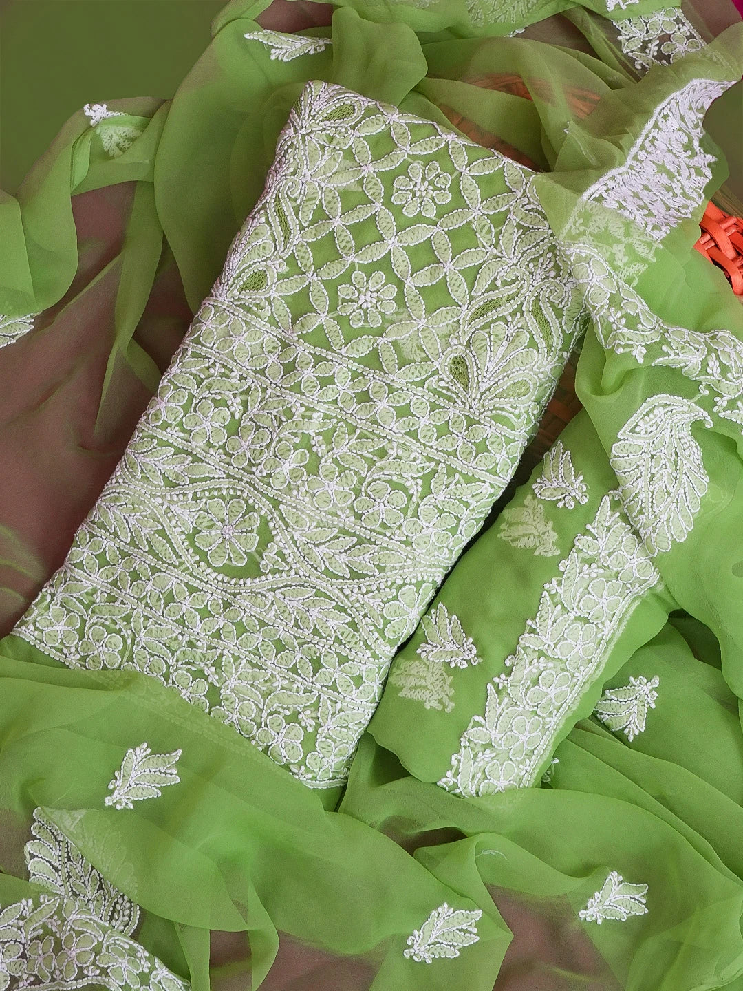 Ada Hand Embroidered Green Georgette Lucknowi Chikankari Unstitched Suit Piece 01A608540