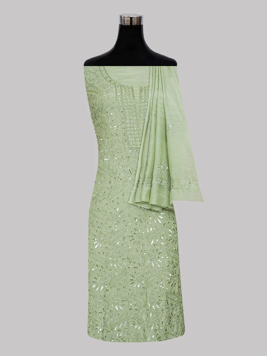 Ada Hand Embroidered Fern Green Muslin Lucknowi Chikankari Unstitched Kurta Dupatta Set With Sequinned Work 01A584922