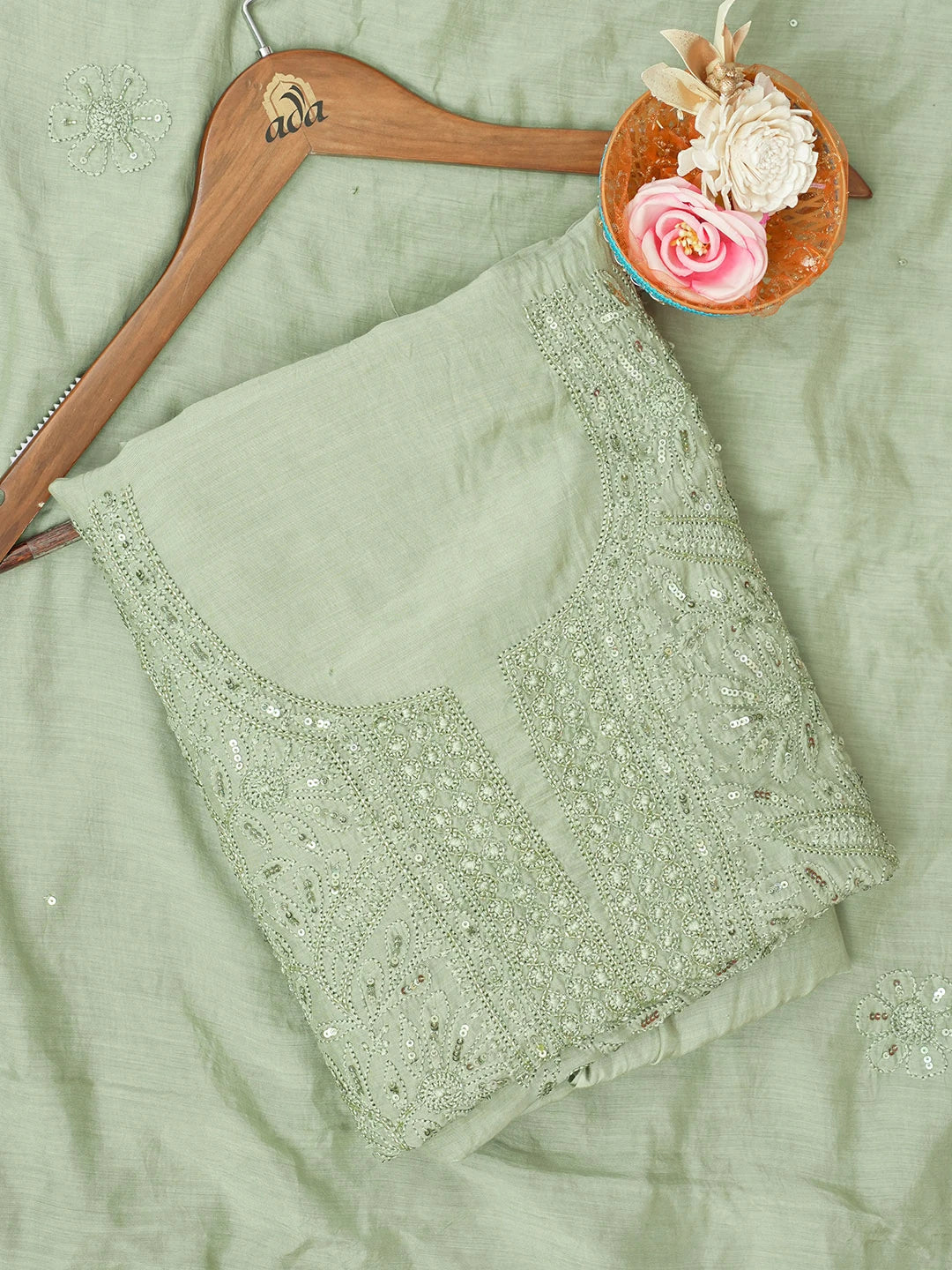 Ada Hand Embroidered Fern Green Muslin Lucknowi Chikankari Unstitched Kurta Dupatta Set With Sequinned Work 01A584922
