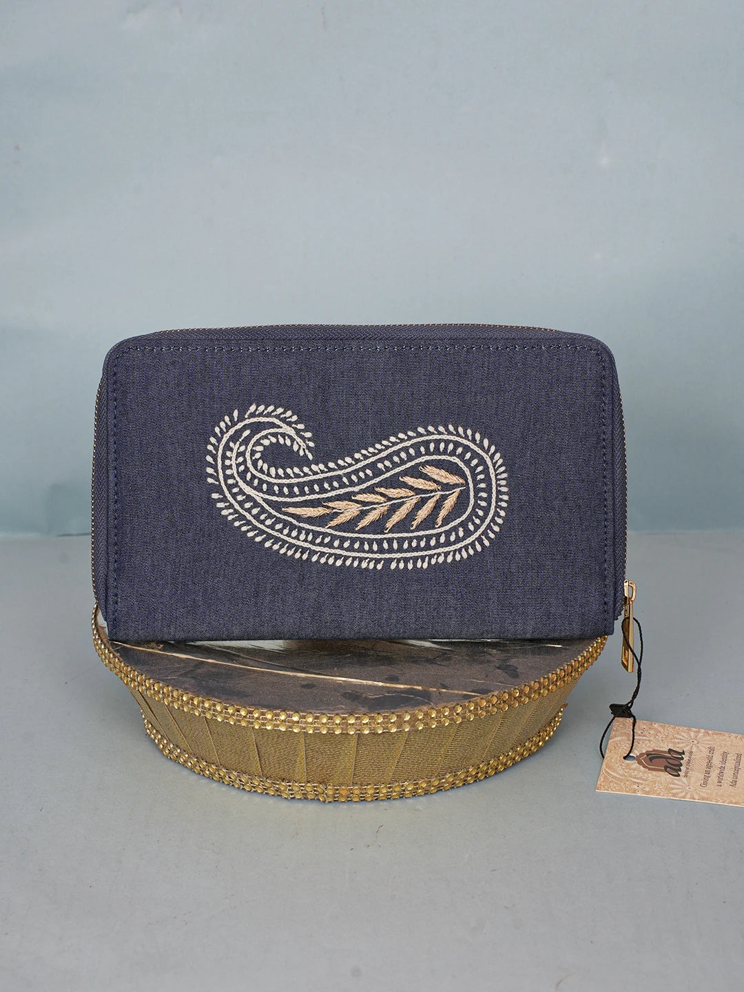 Ada Hand Embroidered Navy Blue Denim Lucknowi Chikankari Clutch With Zari Work 01A583855