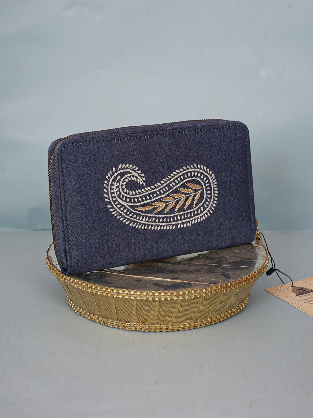 Ada Hand Embroidered Navy Blue Denim Lucknowi Chikankari Clutch With Zari Work 01A583855