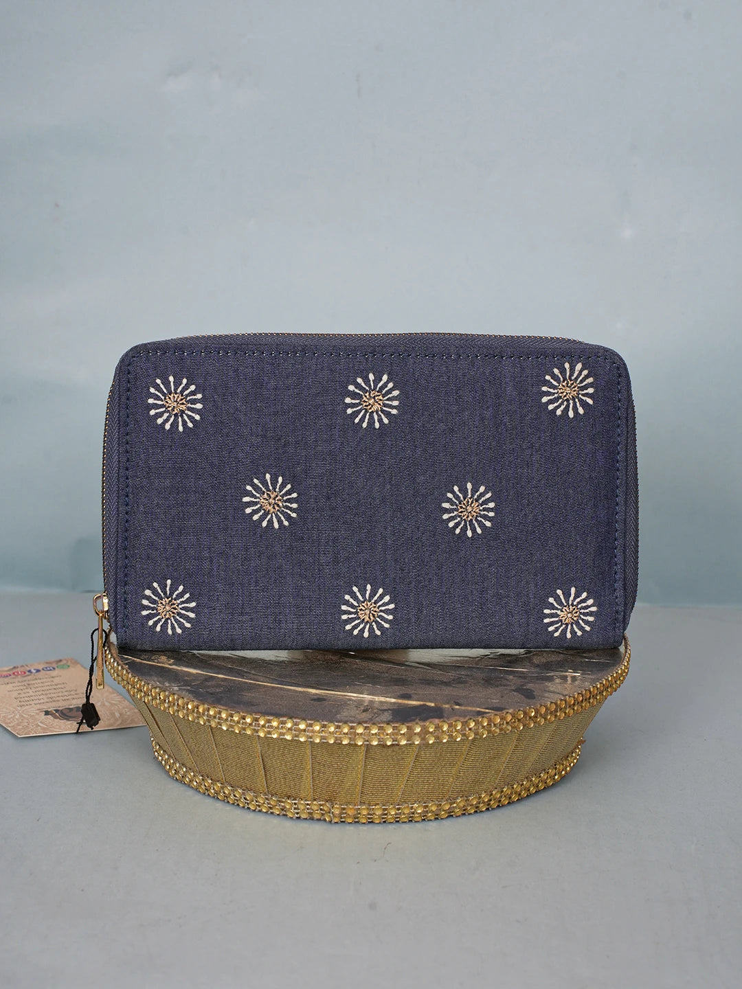 Ada Hand Embroidered Navy Blue Denim Lucknowi Chikankari Clutch With Zari Work 01A583855