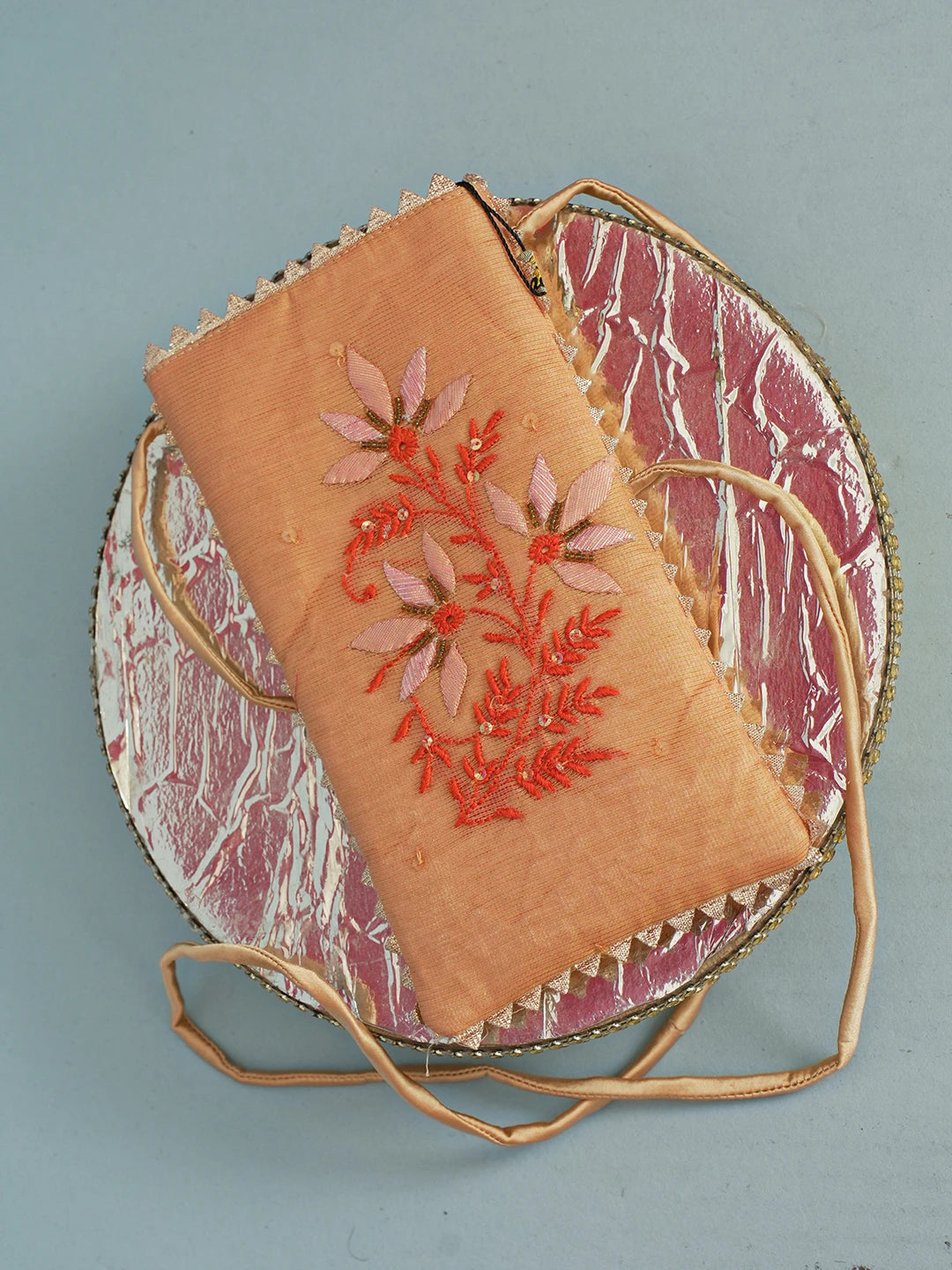 Ada Hand Embroidered Peach Chanderi Lucknowi Chikankari Mobile Cover With Sequinned Work 01A571052