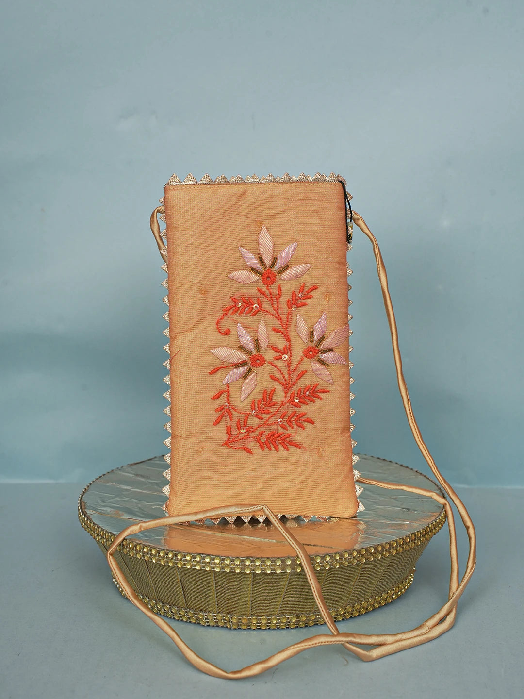 Ada Hand Embroidered Peach Chanderi Lucknowi Chikankari Mobile Cover With Sequinned Work 01A571052