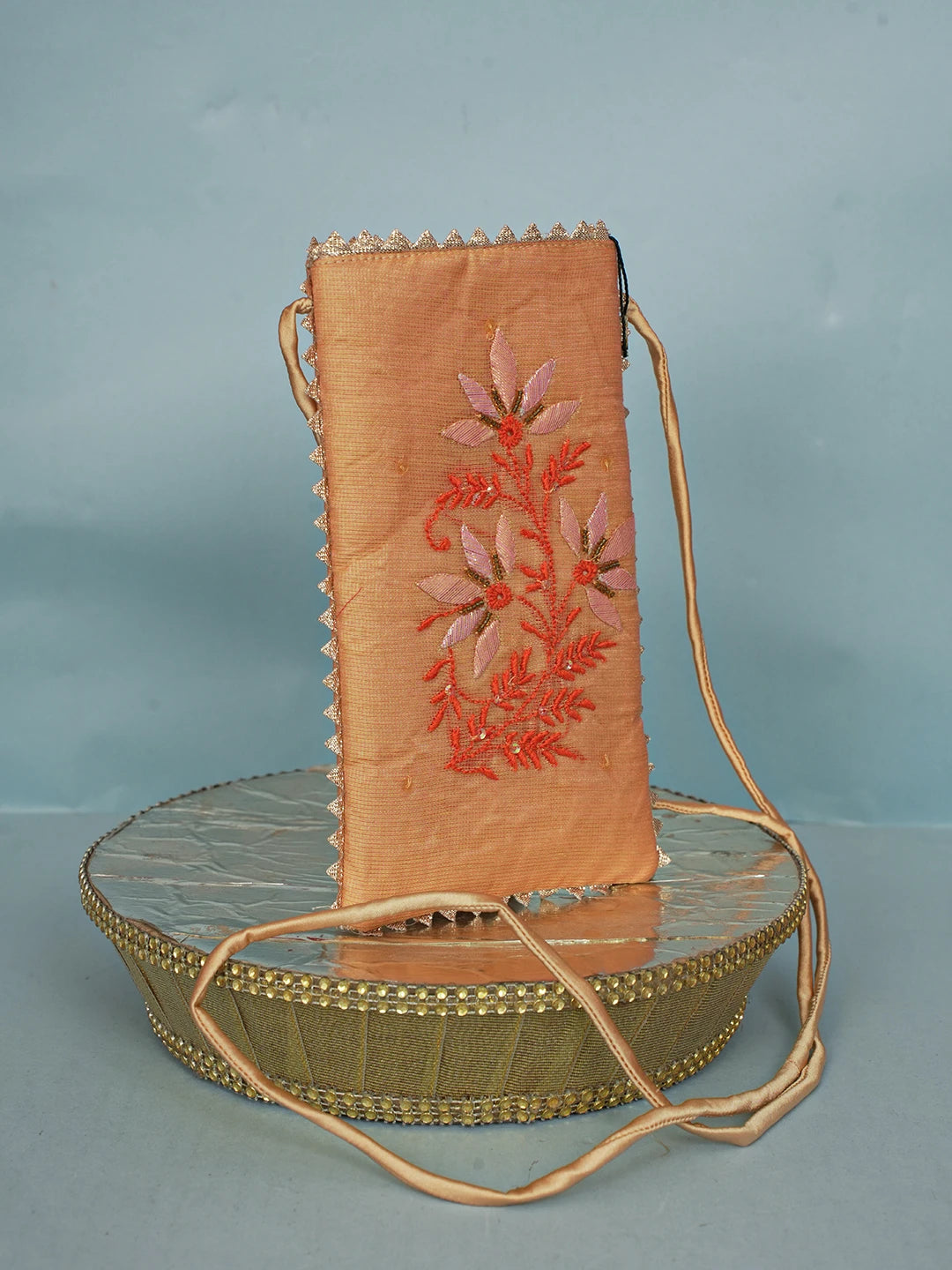 Ada Hand Embroidered Peach Chanderi Lucknowi Chikankari Mobile Cover With Sequinned Work 01A571052