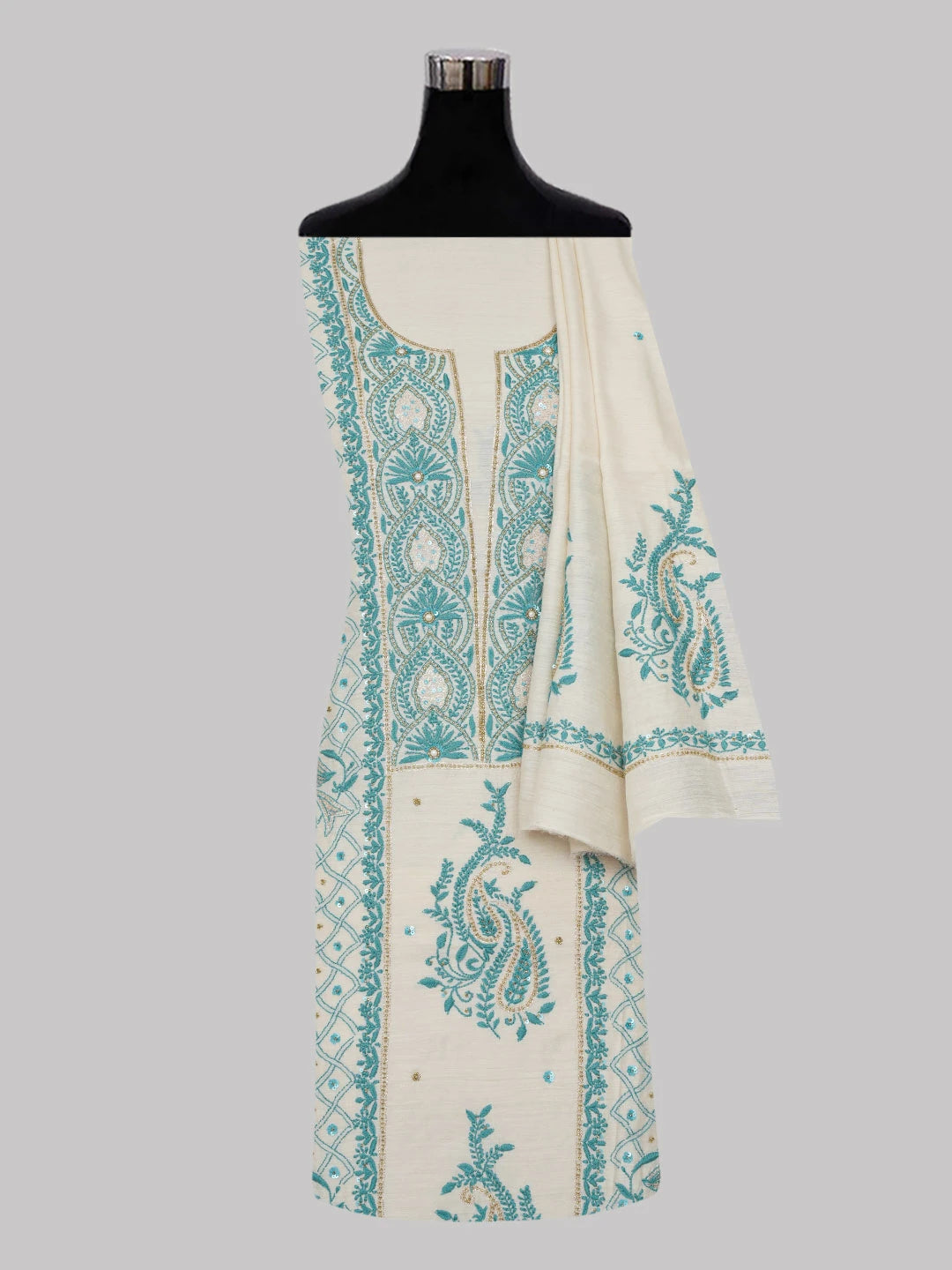 Ada Hand Embroidered Fawn Moonga Silk Lucknowi Chikankari Unstitched Kurta Dupatta Set With Zari Work 01A548899