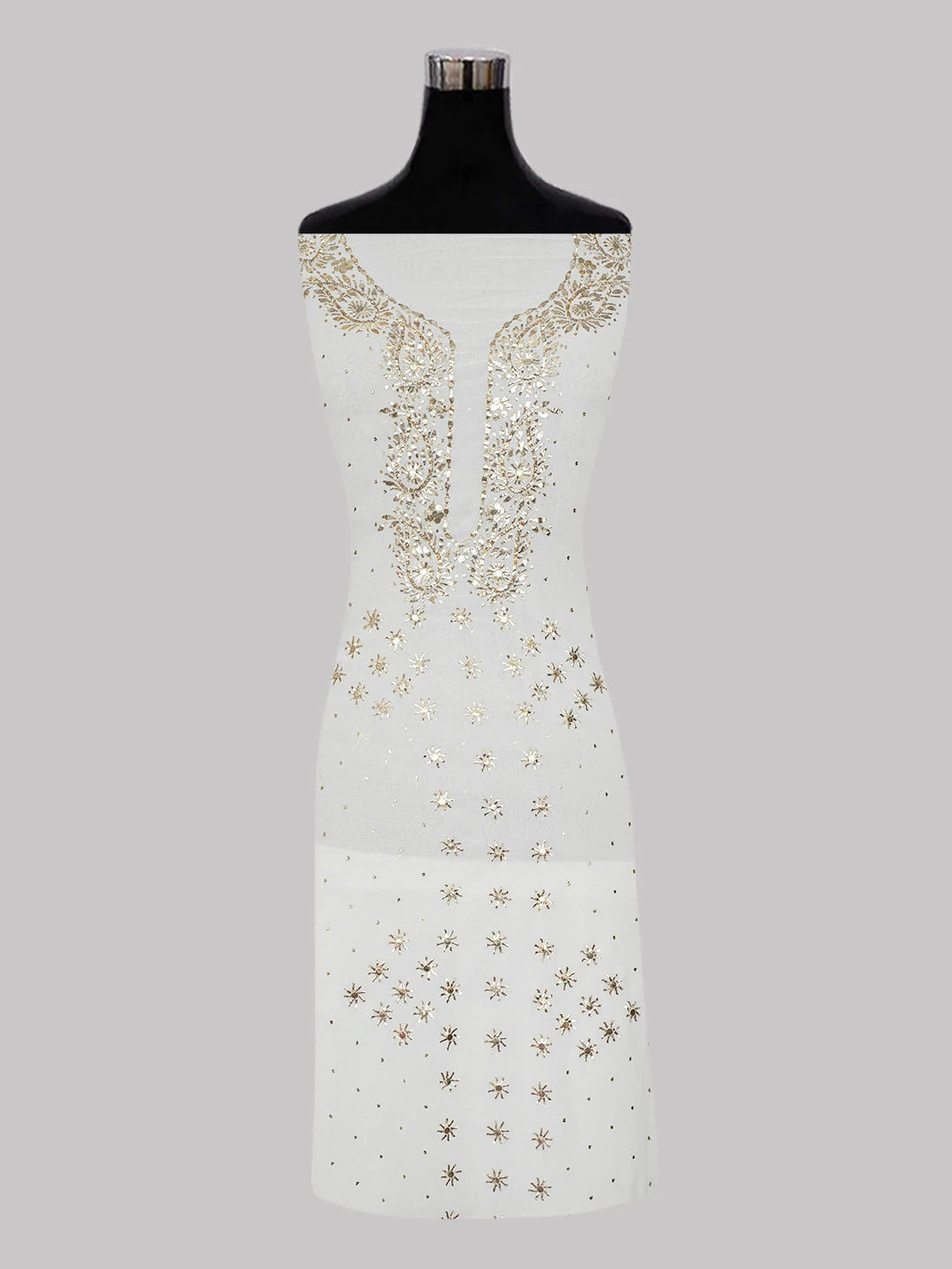 Ada Off White Pure Georgette Lucknowi Unstitched Kurta Piece with Muqaish Work A514893