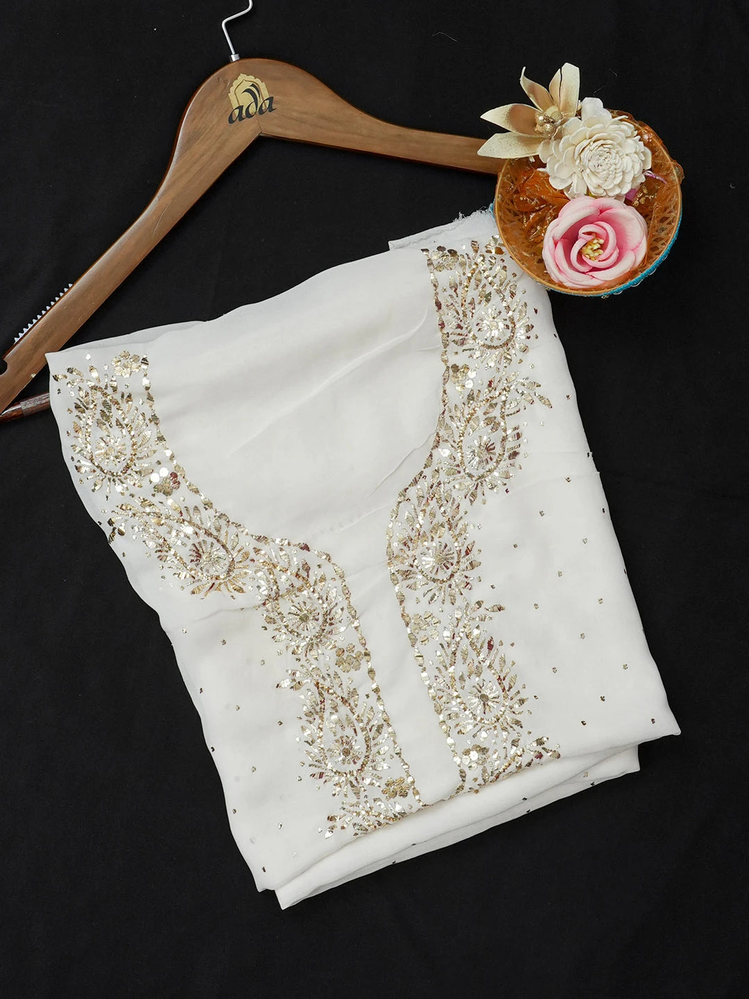 Ada Off White Pure Georgette Lucknowi Unstitched Kurta Piece with Muqaish Work A514893