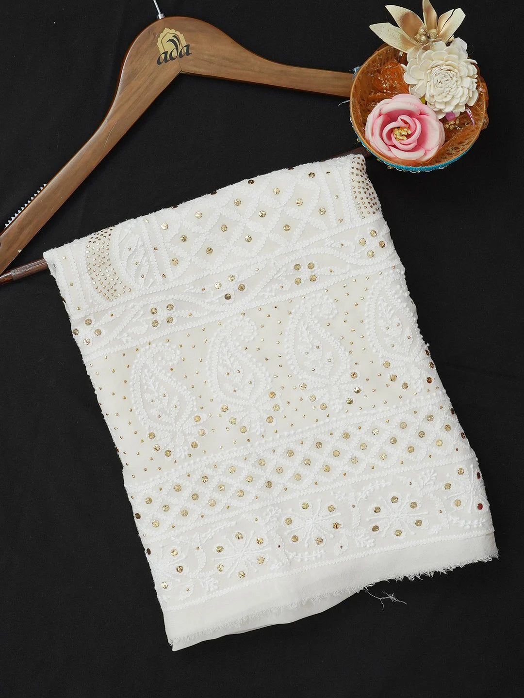 Ada Hand Embroidered White Pure Georgette Lucknowi Chikankari Unstitched Kurta Piece With Muqaish Work 01A388541